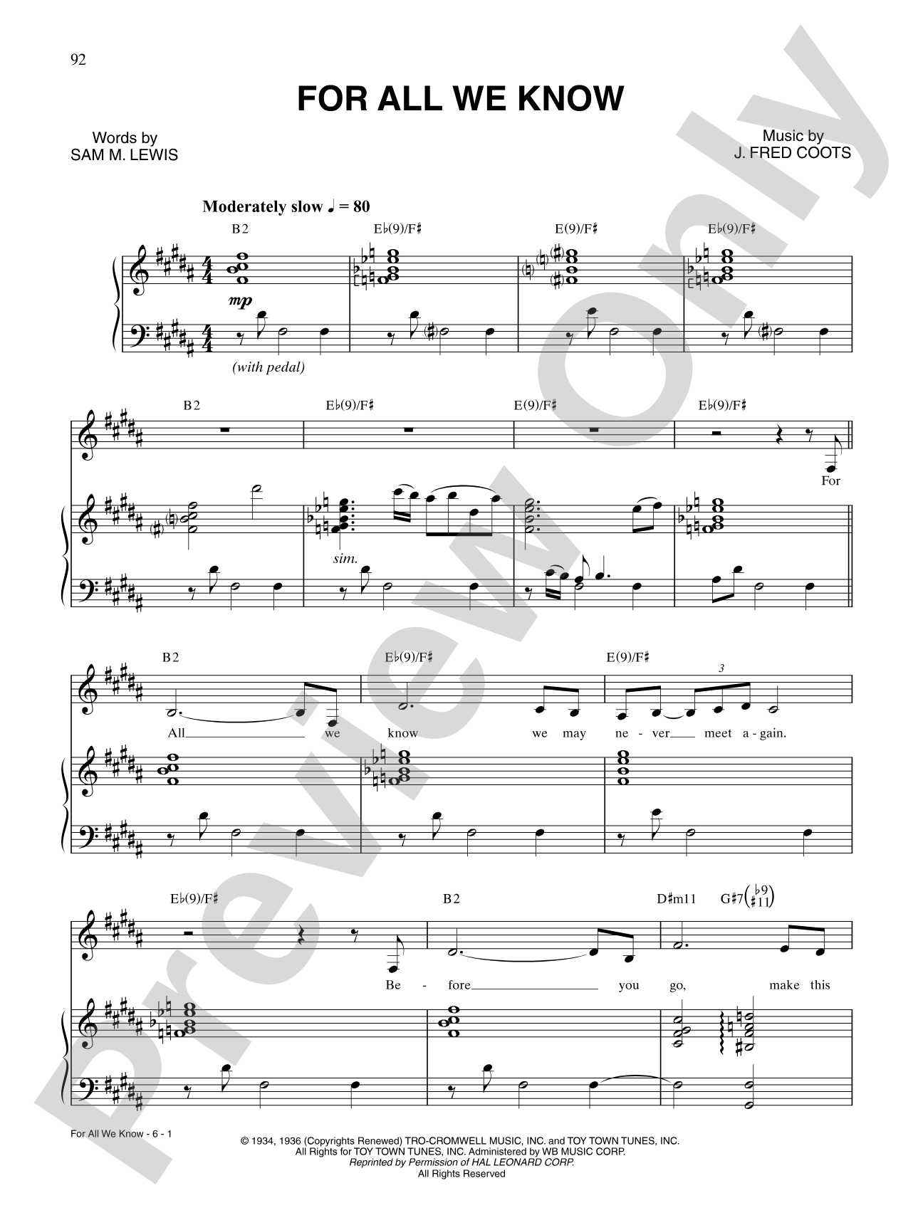 For All We Know: Piano/Vocal/Chords