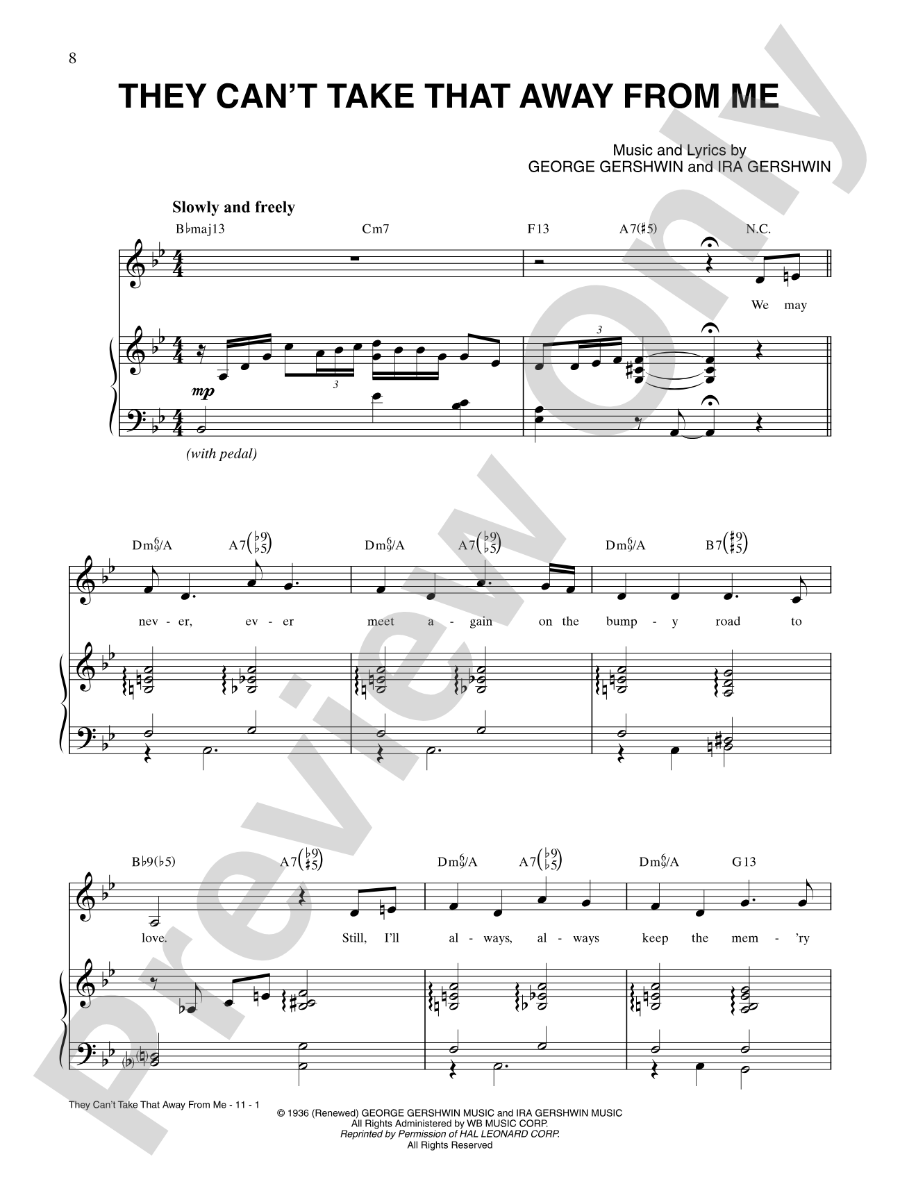 They Can't Take That Away from Me: Piano/Vocal/Chords
