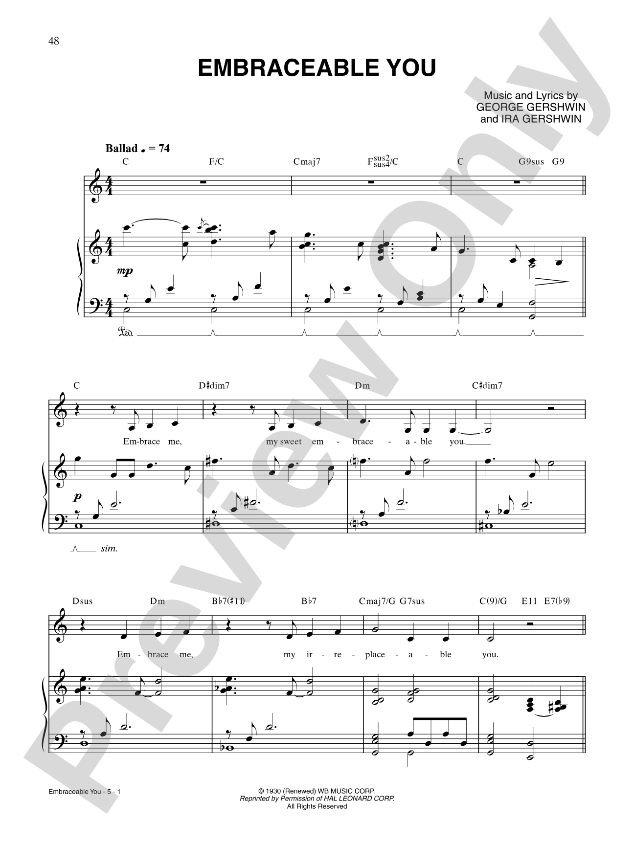 Embraceable You: Piano/Vocal/Chords