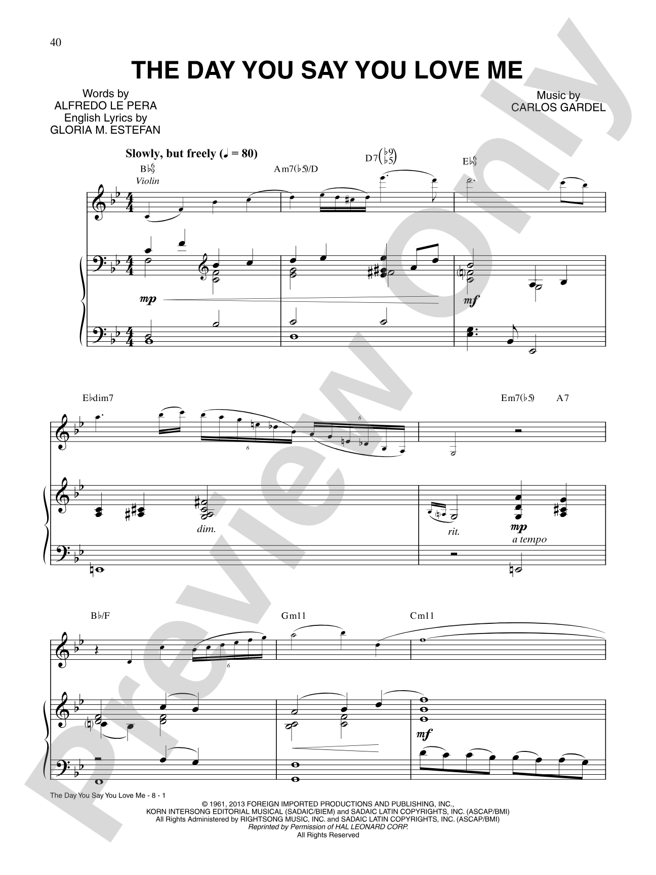 They Day You Say You Love Me: Piano/Vocal/Chords