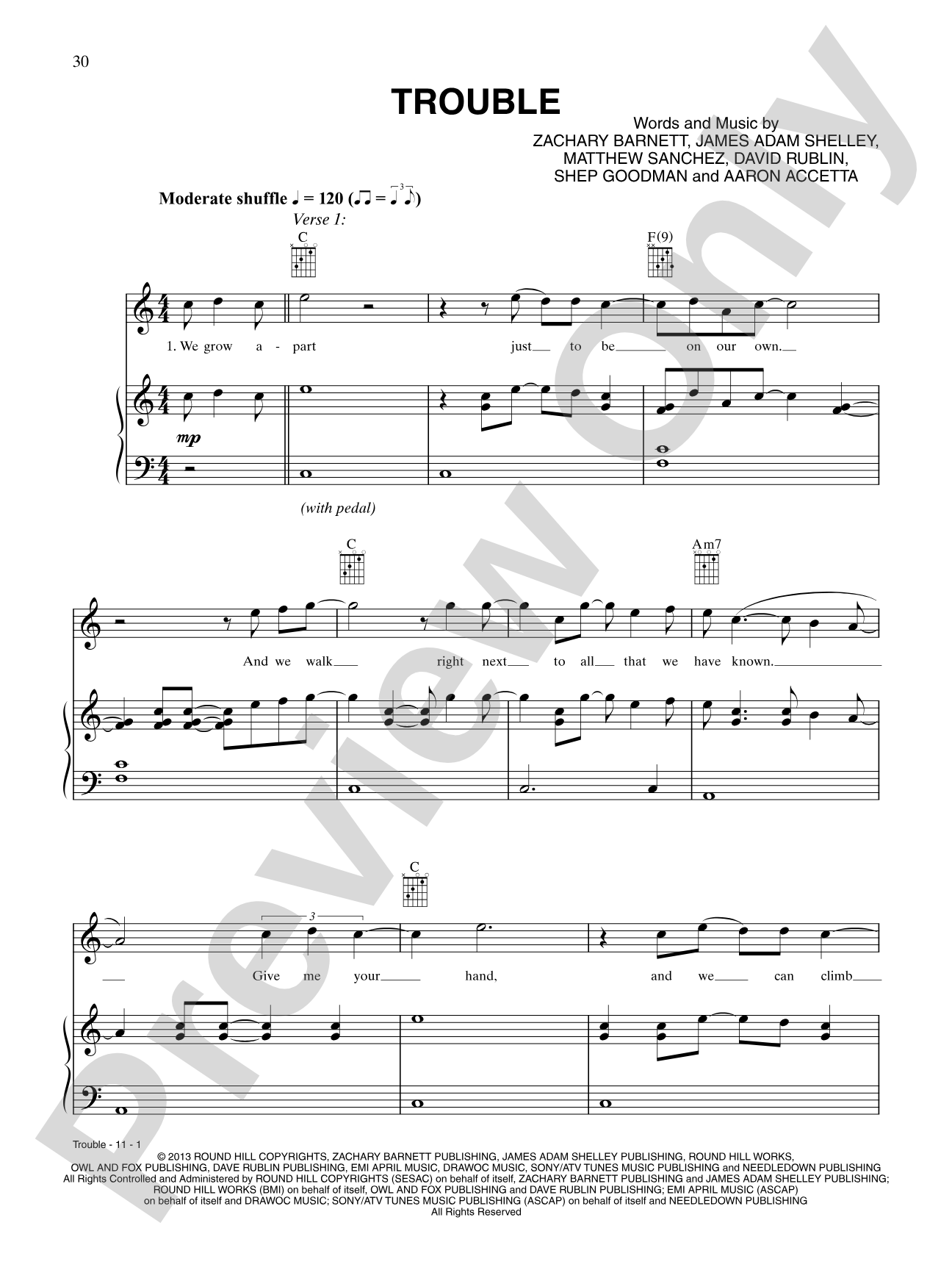 Trouble: Piano/Vocal/Chords