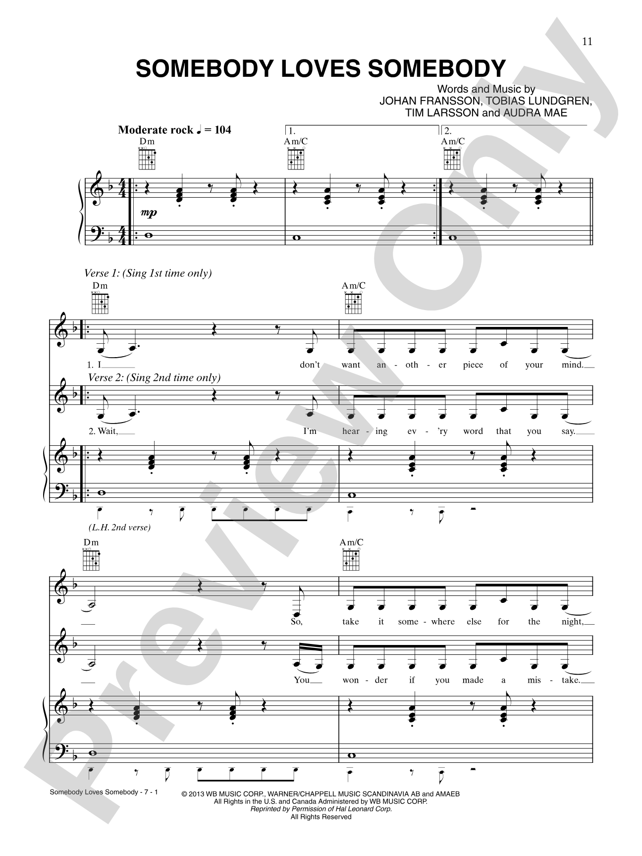 Somebody Loves Somebody: Piano/Vocal/Chords