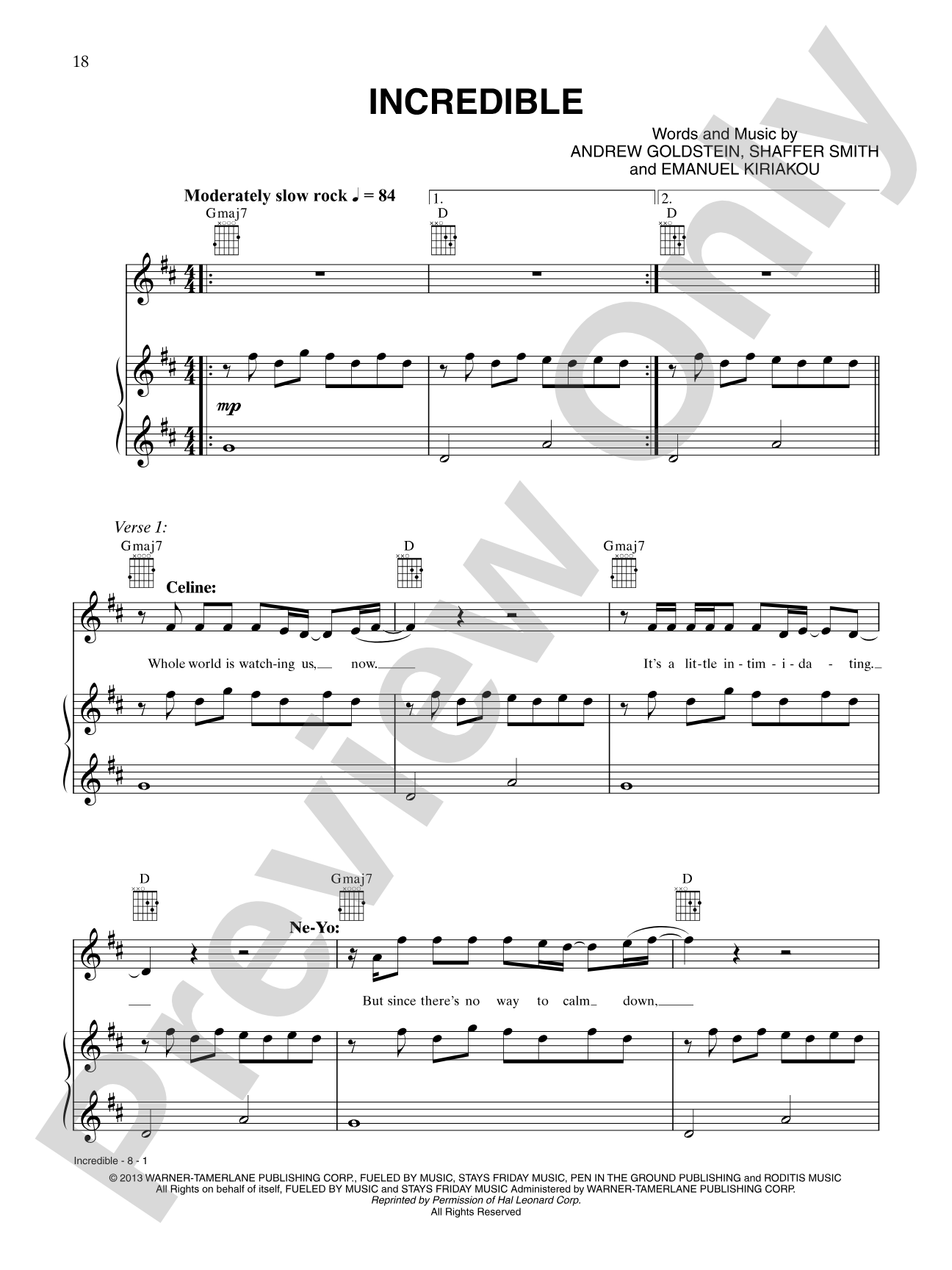 Incredible: Piano/Vocal/Chords