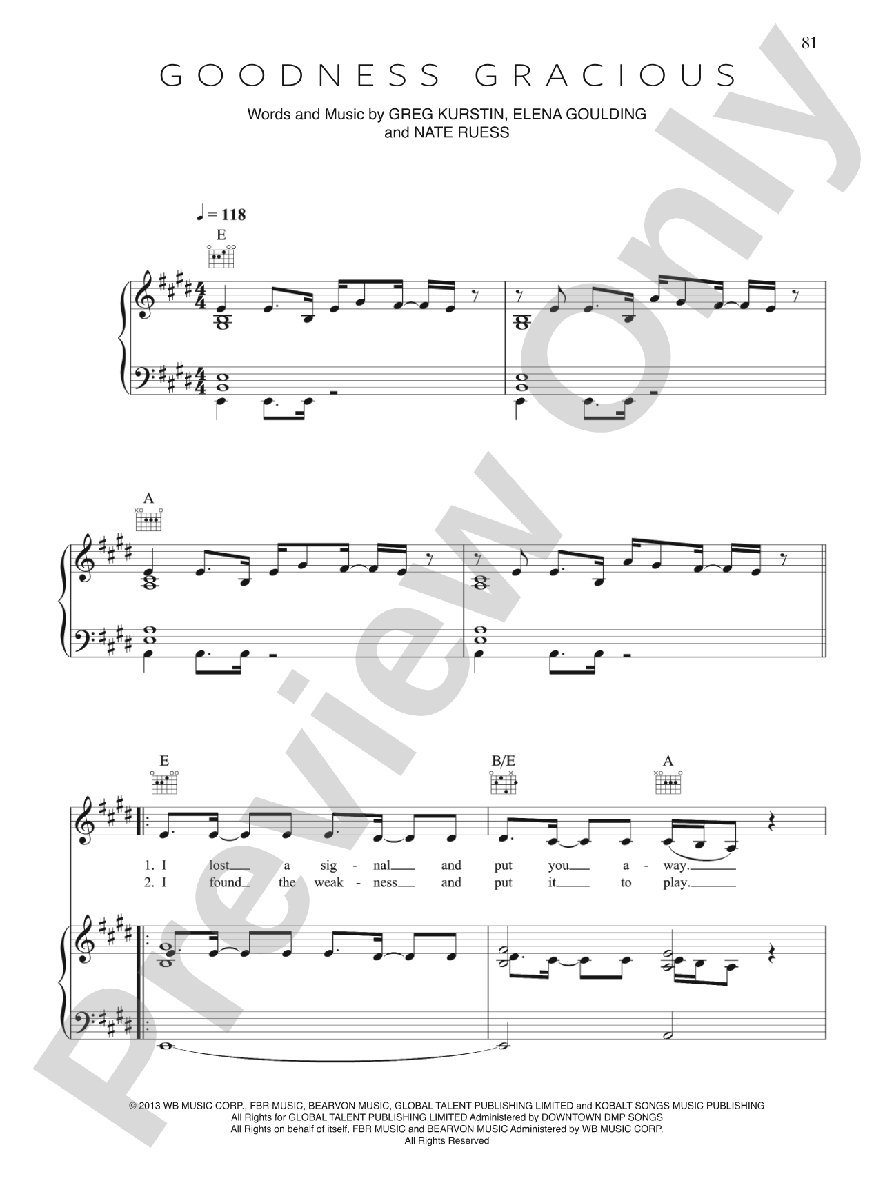 Goodness Gracious: Piano/Vocal/Chords