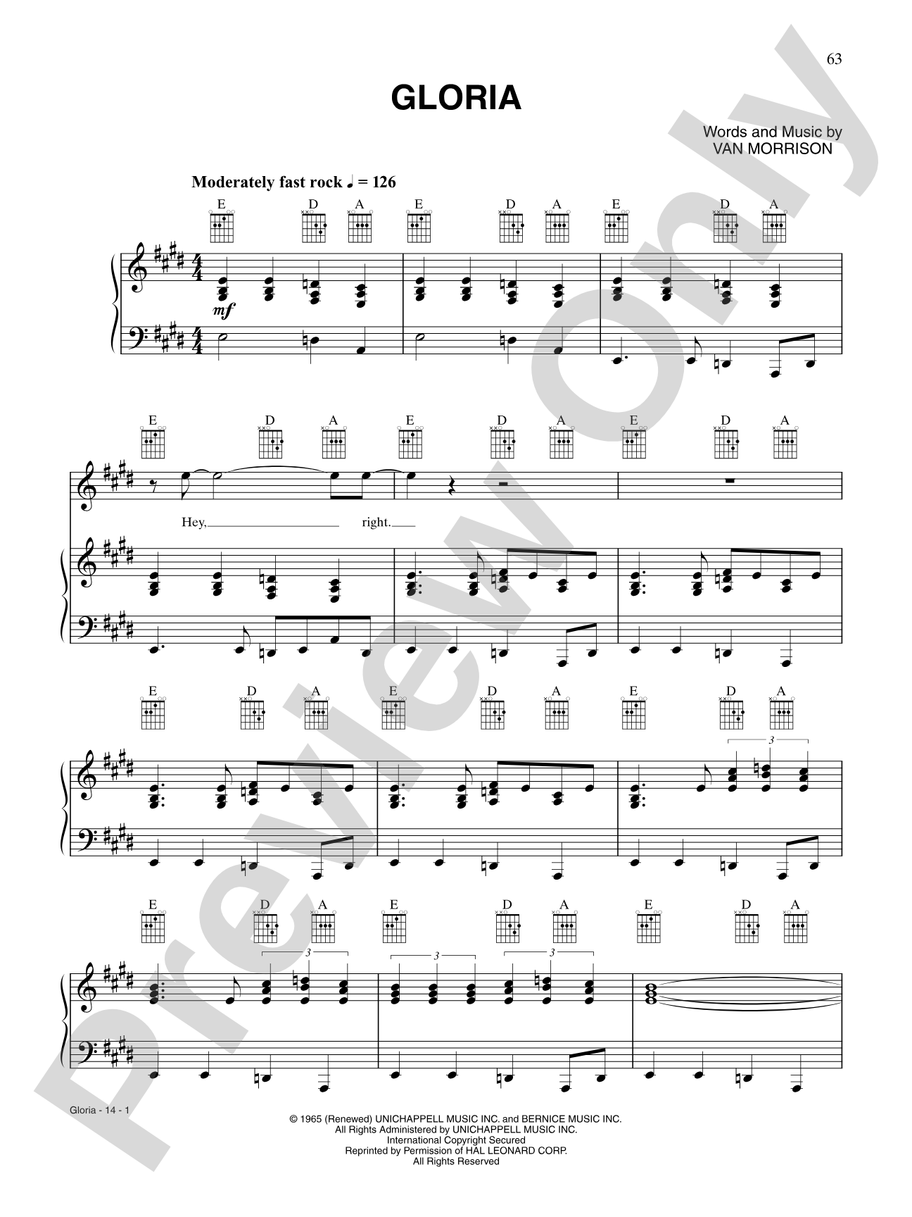 Gloria: Piano/Vocal/Chords