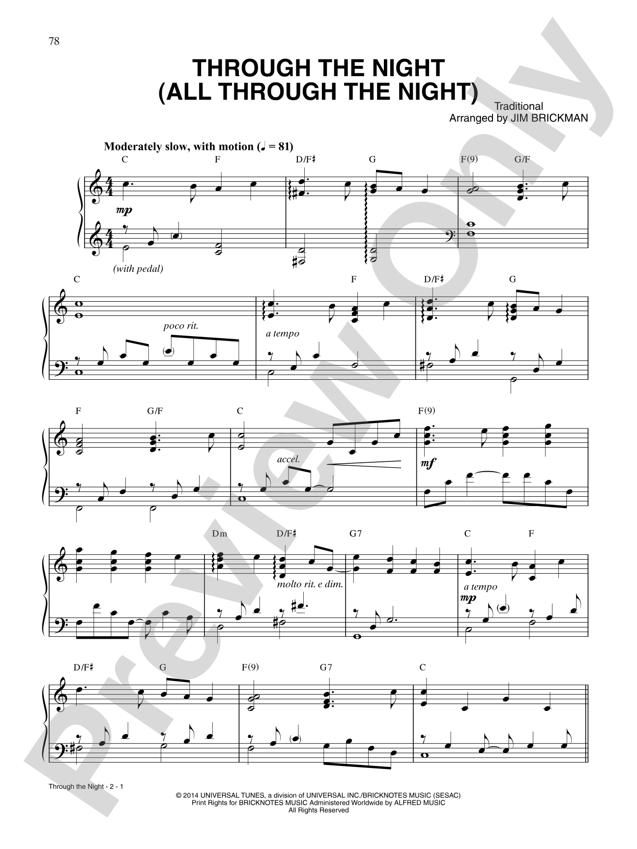 Through the Night (All Through the Night): Piano/Vocal/Chords