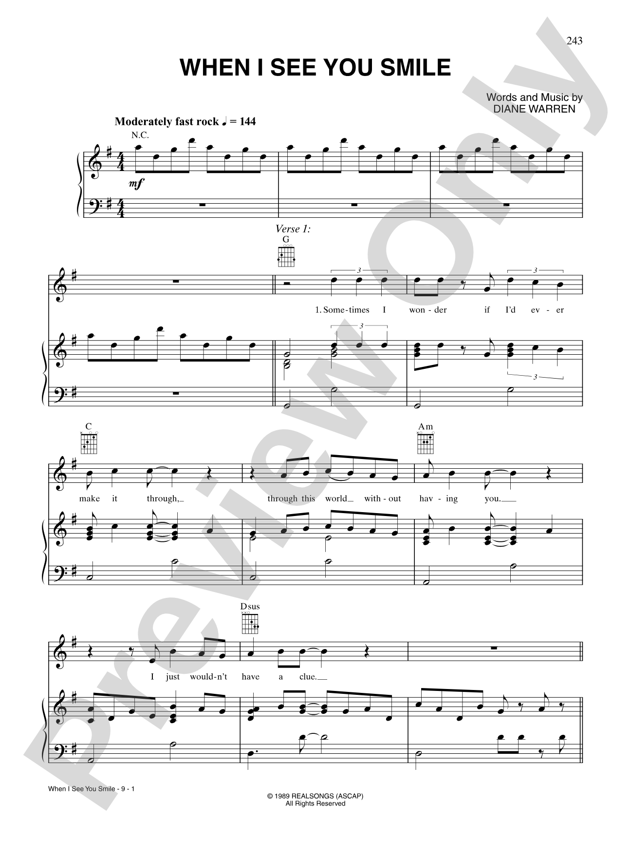 When I See You Smile: Piano/Vocal/Chords