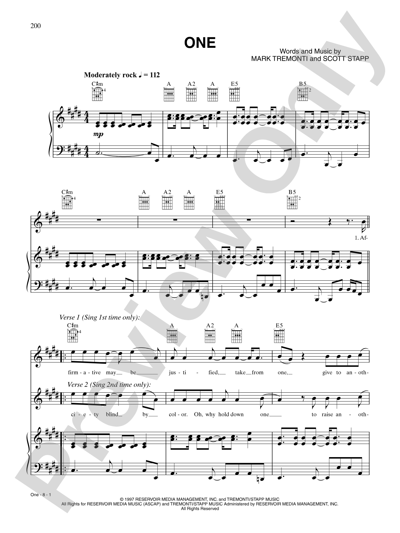 One: Piano/Vocal/Chords