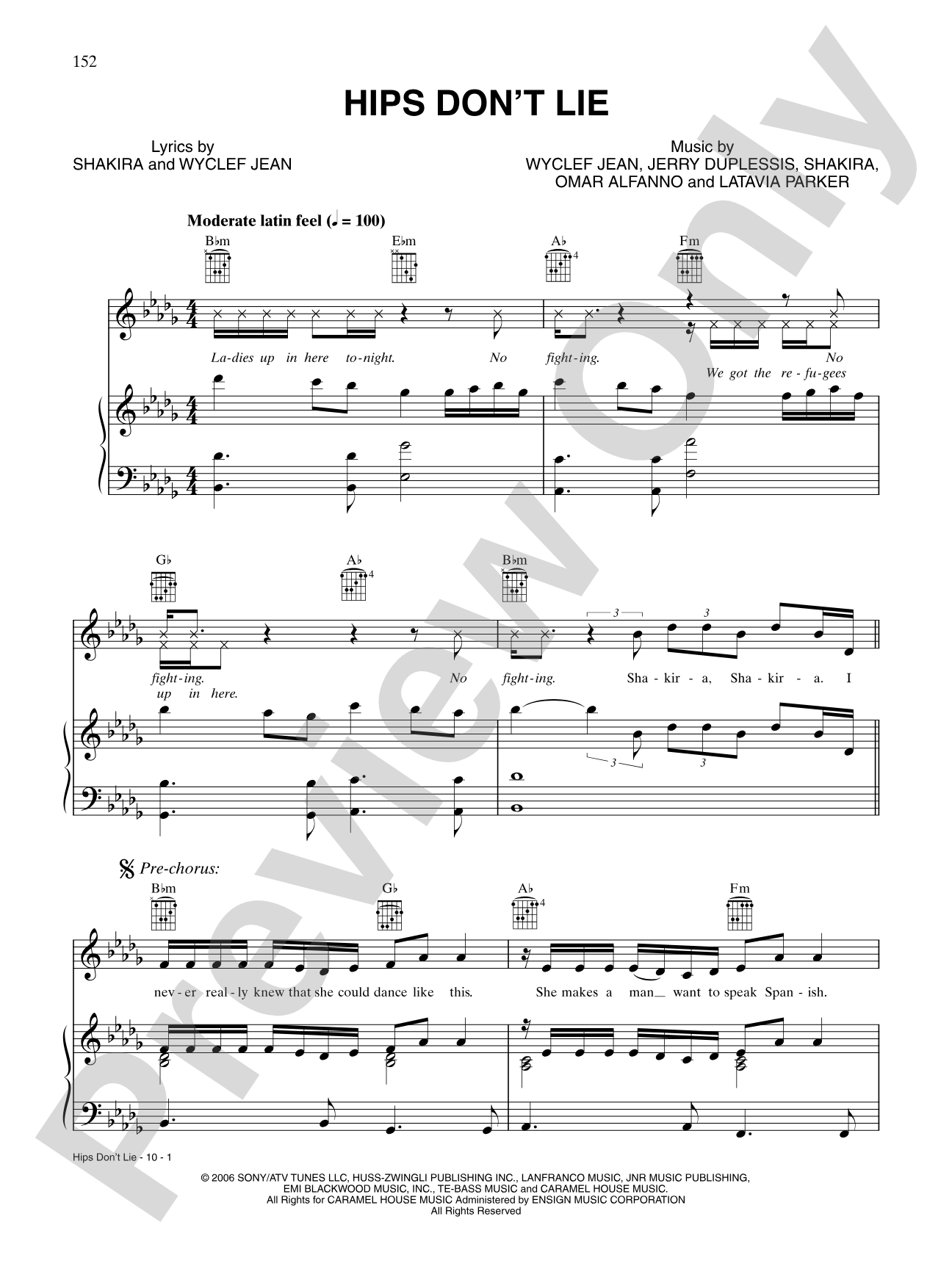 Hips Don't Lie: Piano/Vocal/Chords