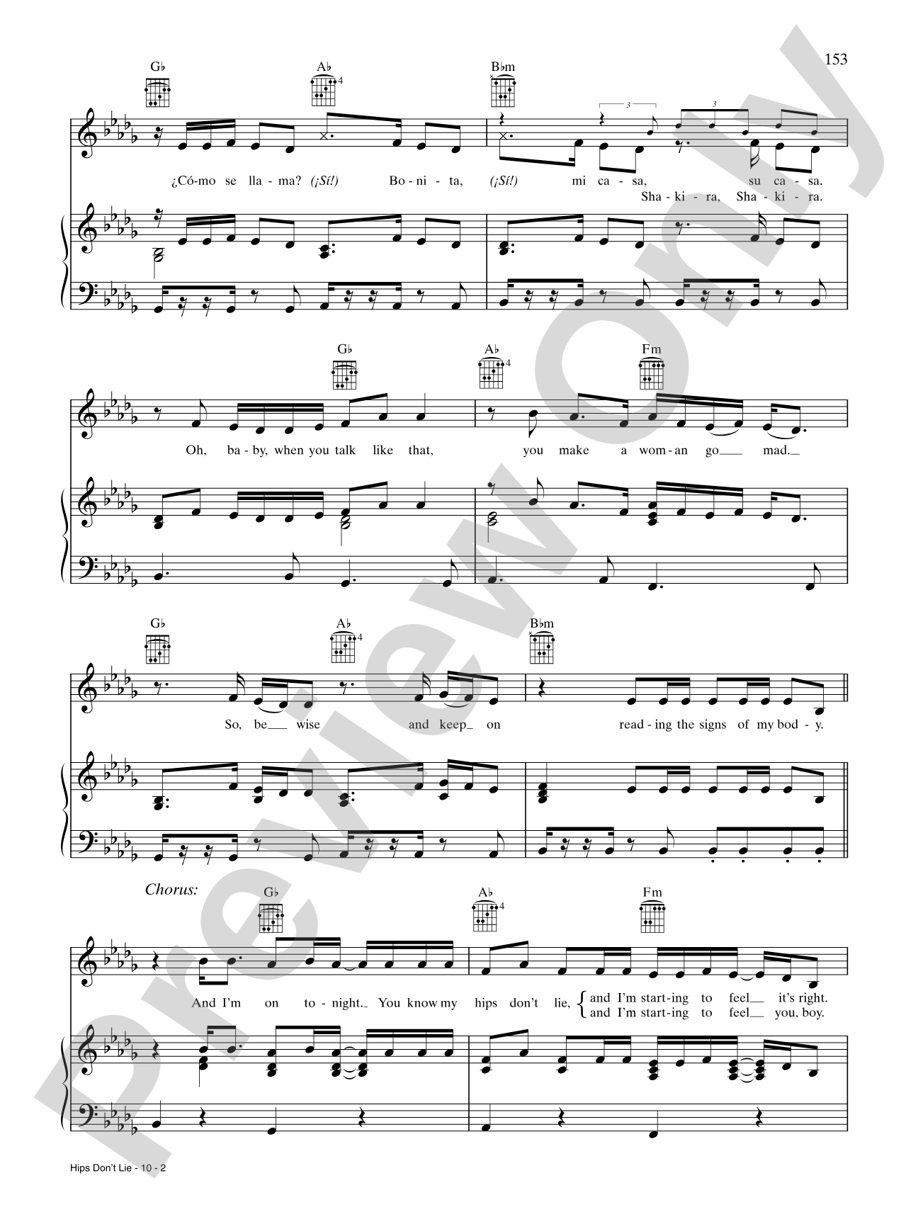 Hips Don't Lie: Piano/Vocal/Chords