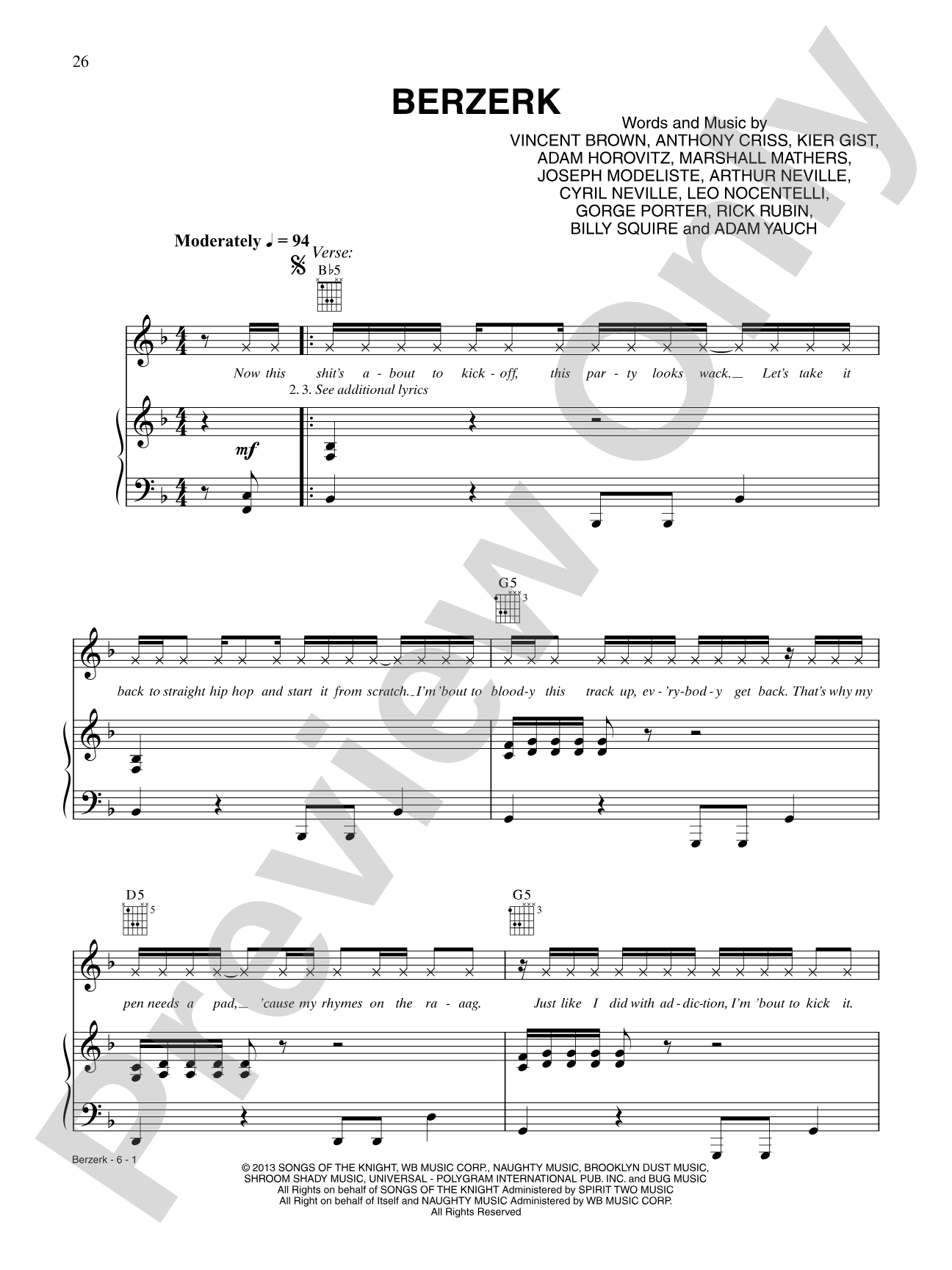 Berzerk: Piano/Vocal/Chords
