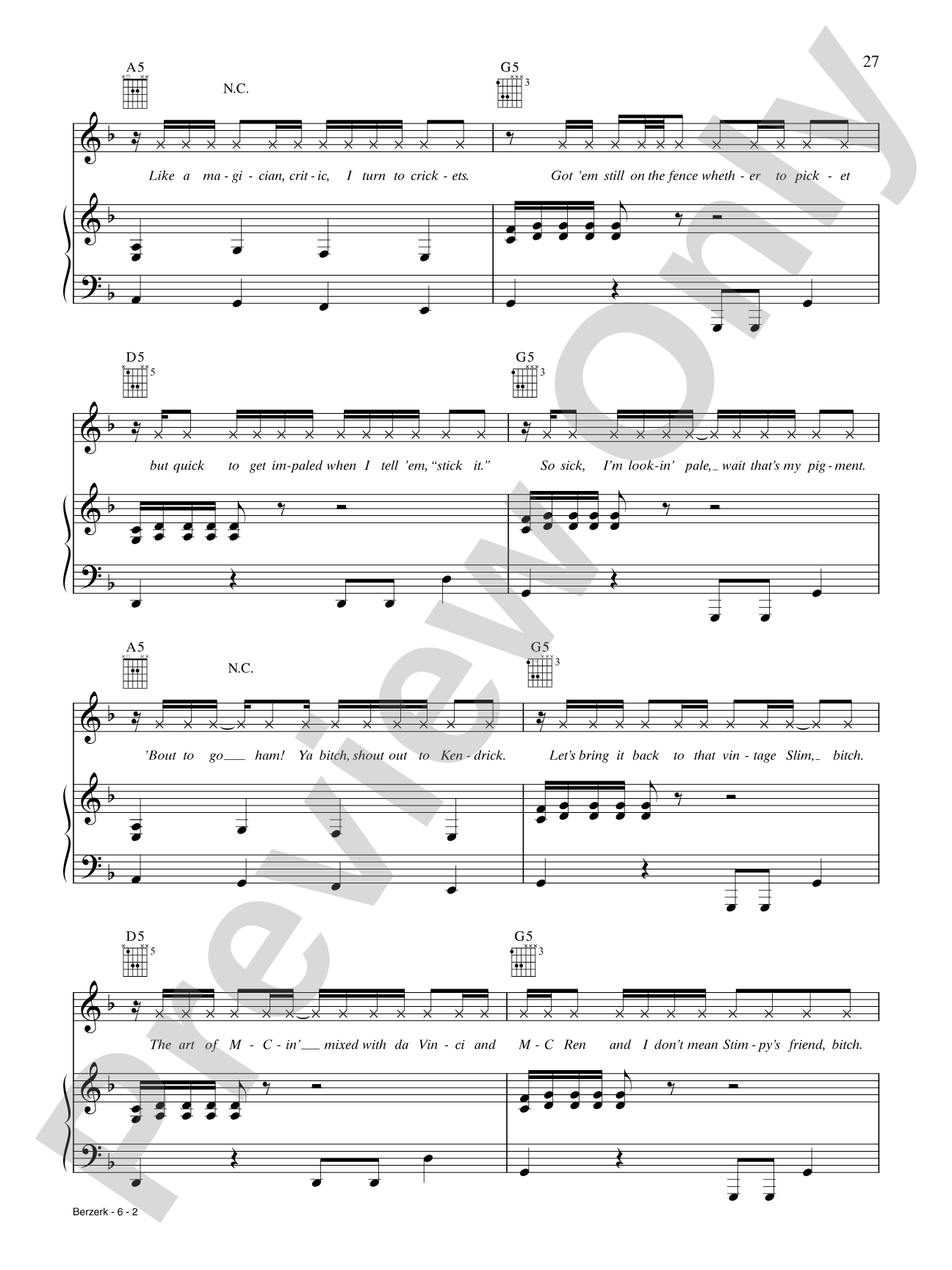 Berzerk: Piano/Vocal/Chords