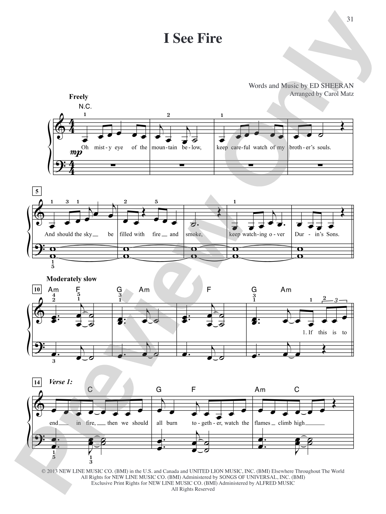 I See Fire (from The Hobbit: The Desolation of Smaug): Big Note Piano