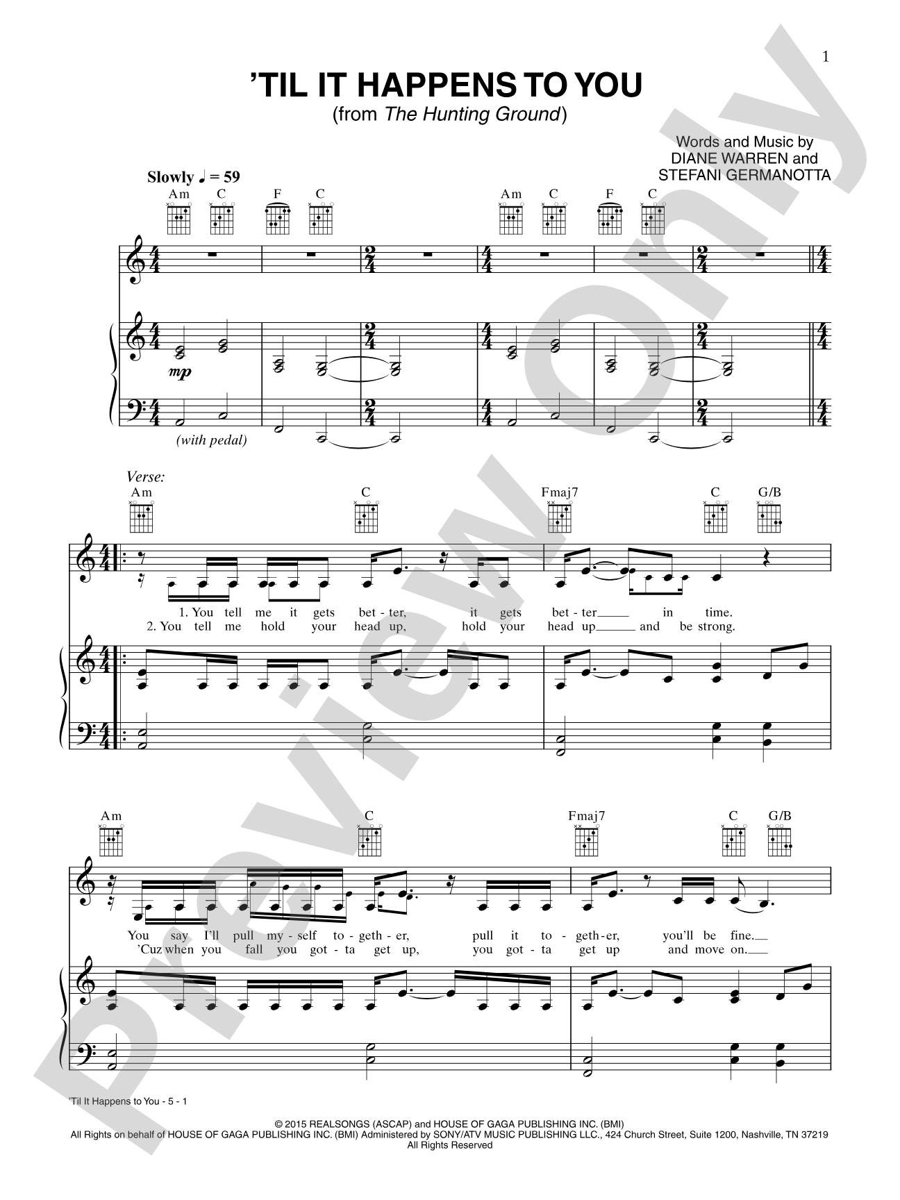 Til It Happens to You (from The Hunting Ground): Piano/Vocal/Guitar Digital Sheet Music