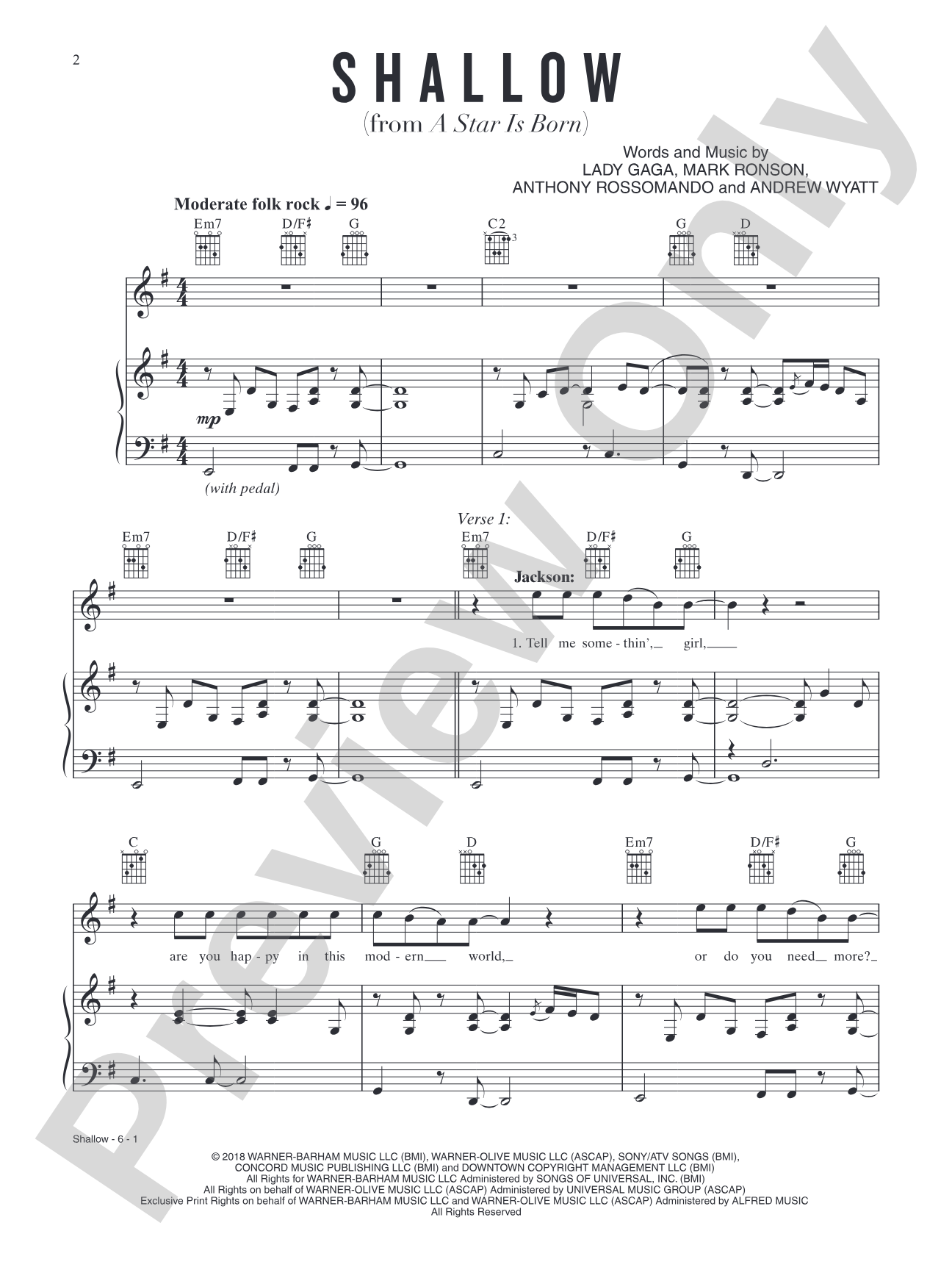 Shallow (from A Star Is Born): Piano/Vocal/Guitar
