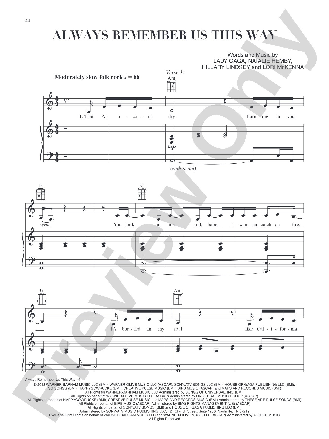 Always Remember Us This Way (from A Star Is Born): Piano/Vocal/Guitar
