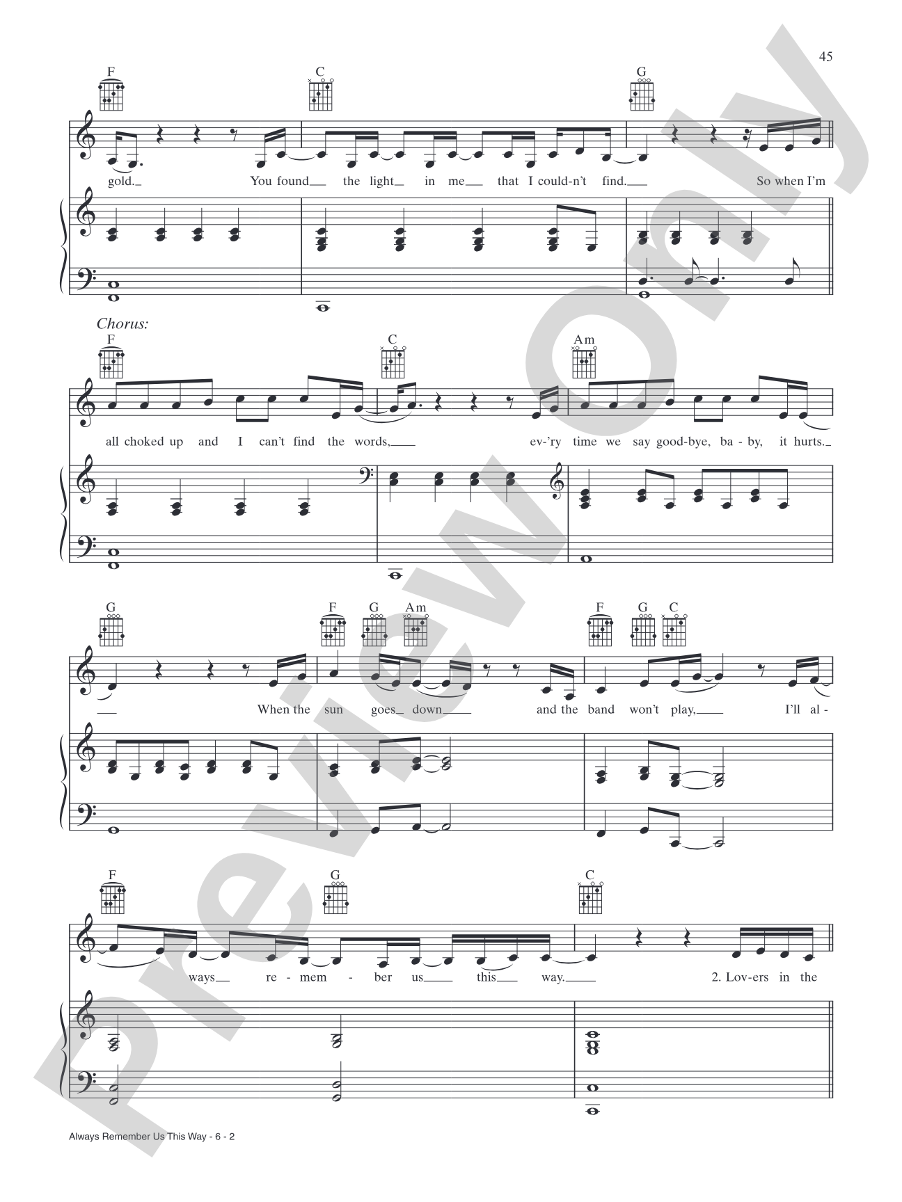 Always Remember Us This Way (from A Star Is Born): Piano/Vocal/Guitar
