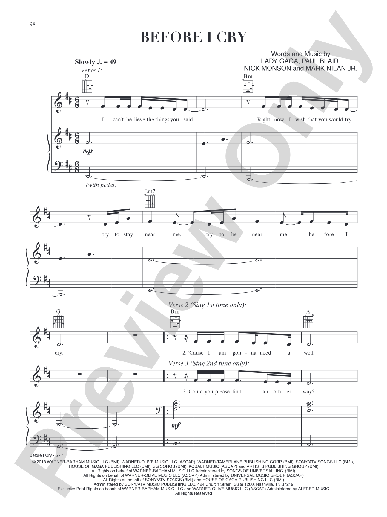 Before I Cry (from A Star Is Born): Piano/Vocal/Guitar