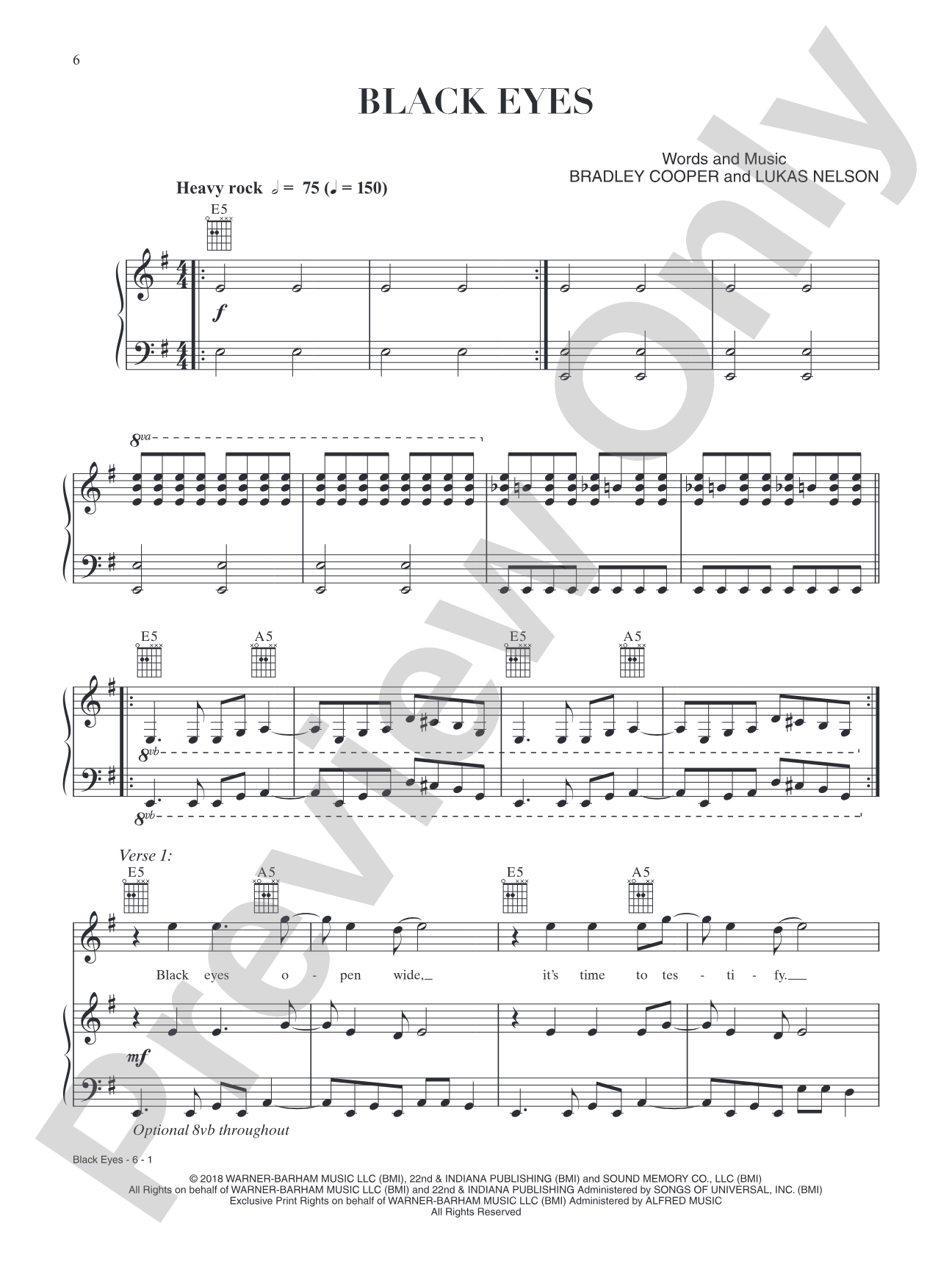 Black Eyes (from A Star Is Born): Piano/Vocal/Guitar