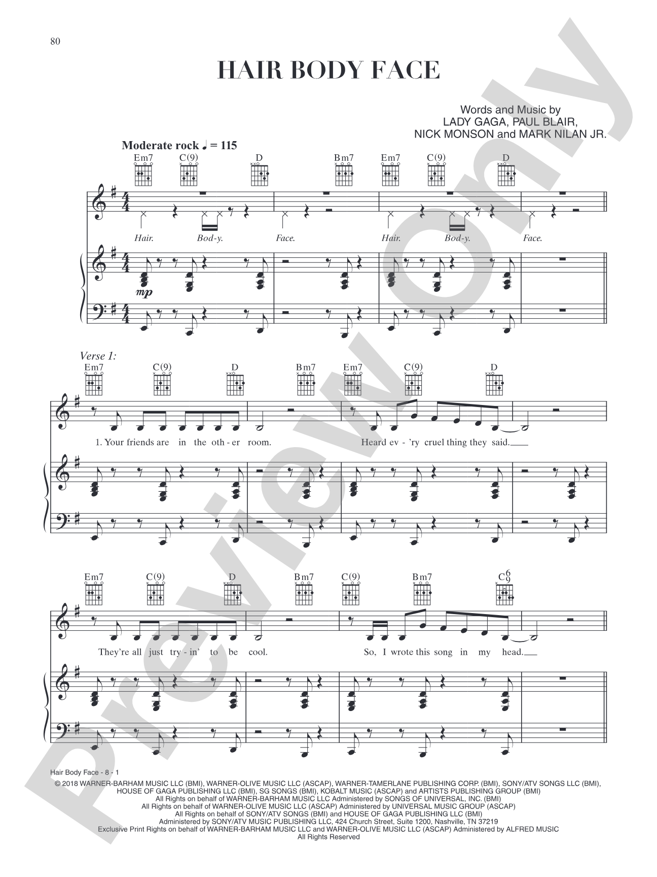 Hair Body Face (from A Star Is Born): Piano/Vocal/Guitar