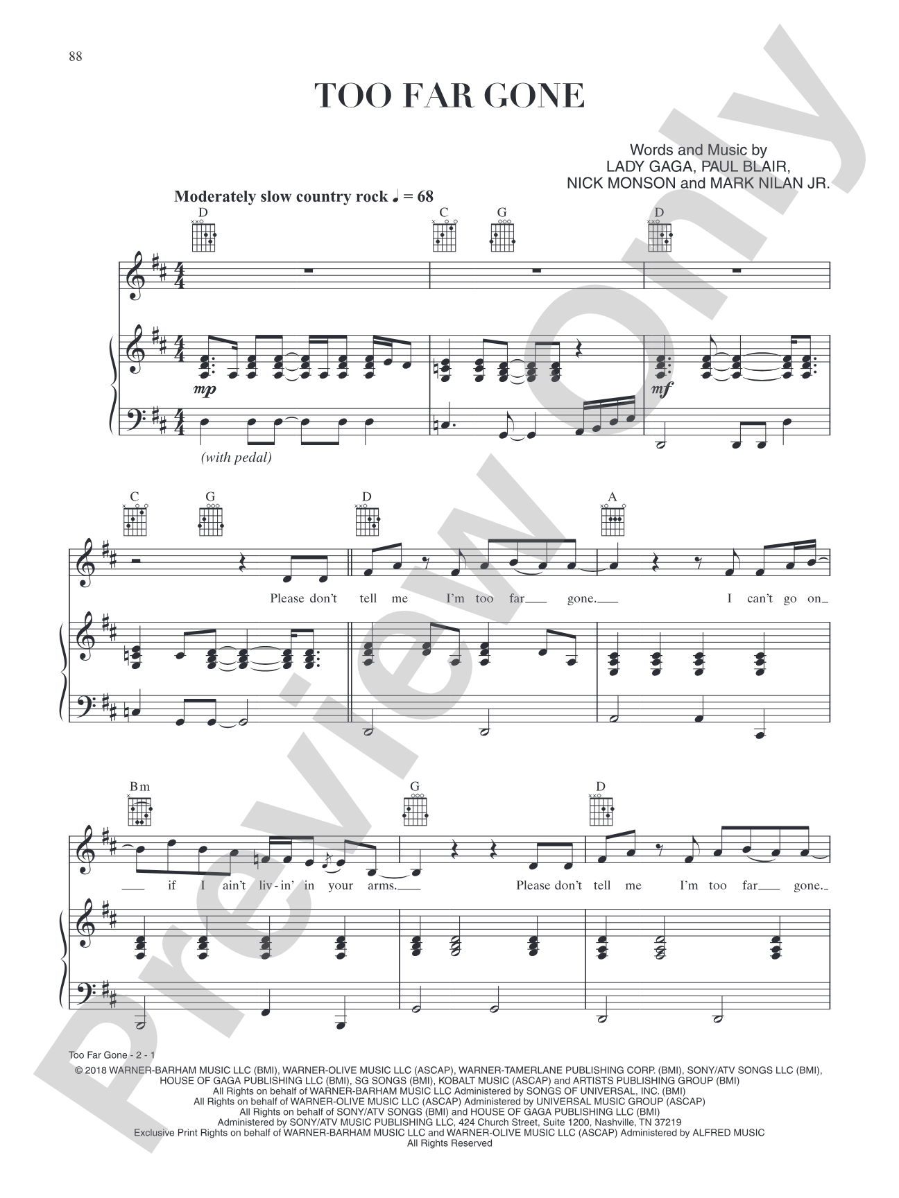 Too Far Gone (from A Star Is Born): Piano/Vocal/Guitar