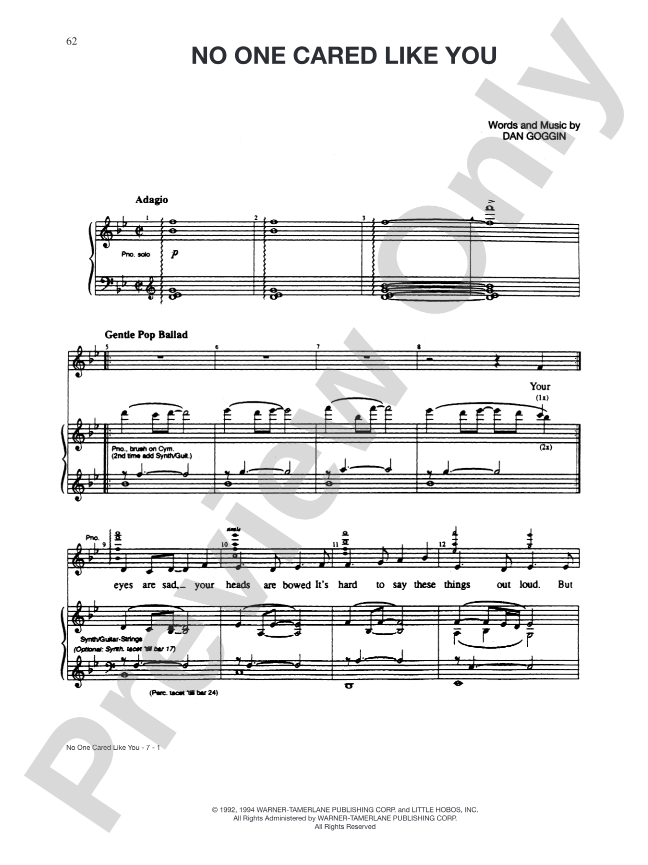 No One Cared Like You (from <i>Nunsense II</i>): Piano/Vocal/Chords