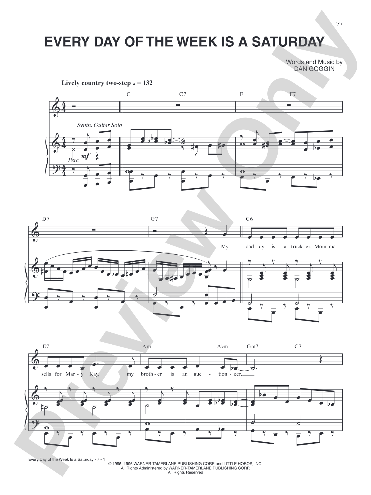 Every Day of the Week Is a Saturday (from <i>Sister Amnesia's Country Western Nunsense Jamboree</i>): Piano/Vocal/Chords