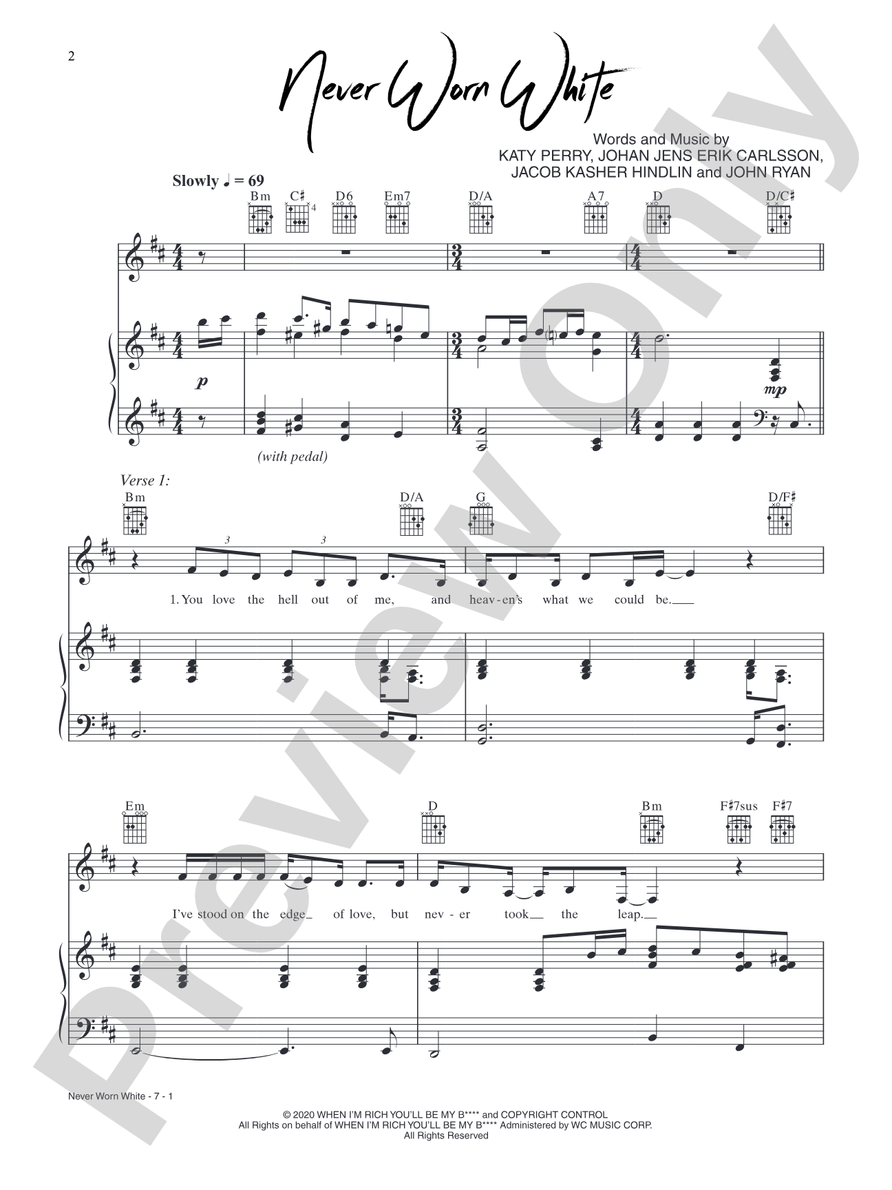 Never Worn White: Piano/Vocal/Guitar