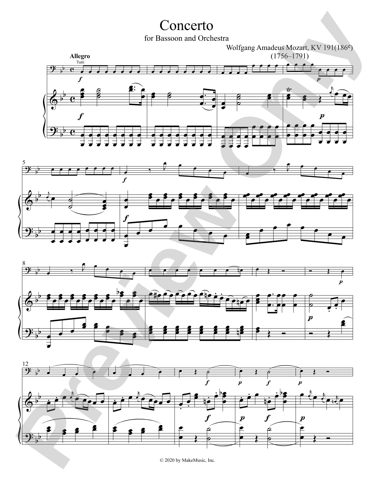 Mozart Concerto in B-flat Major for Bassoon and Piano KV 191 (186E): Solo & Small Ensemble