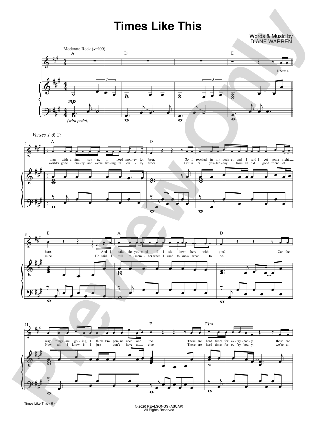 Times Like This: Piano/Vocal