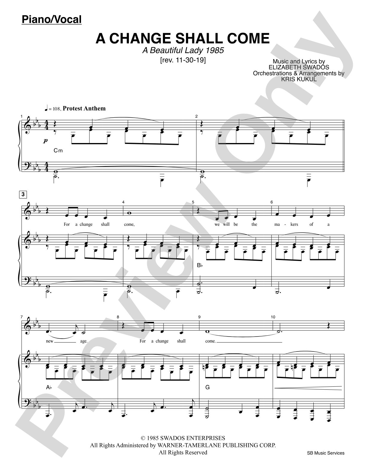 A Change Shall Come (<i>A Beautiful Lady 1985</i>): Piano/Vocal