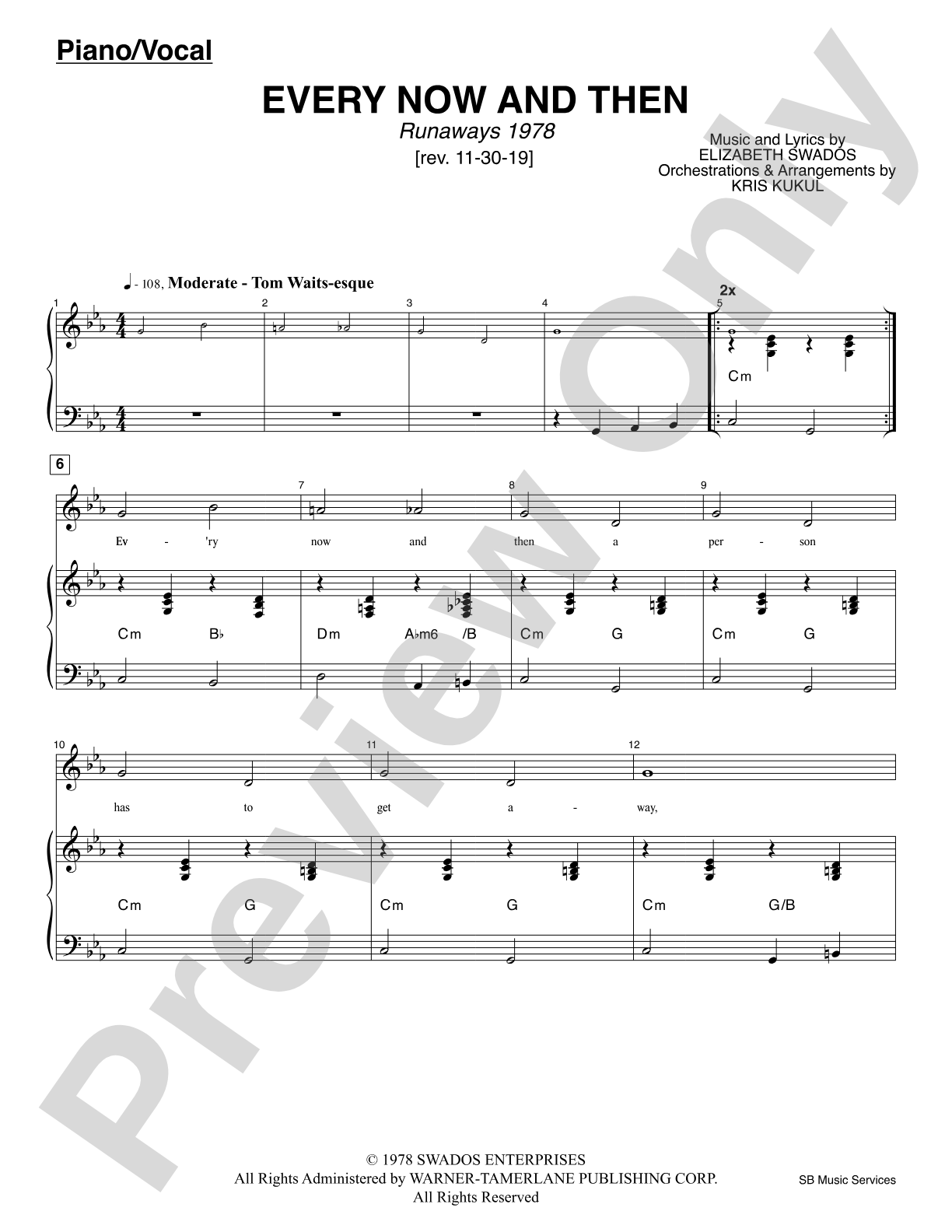 Every Now And Then (<i>Runaways 1978</i>): Piano/Vocal