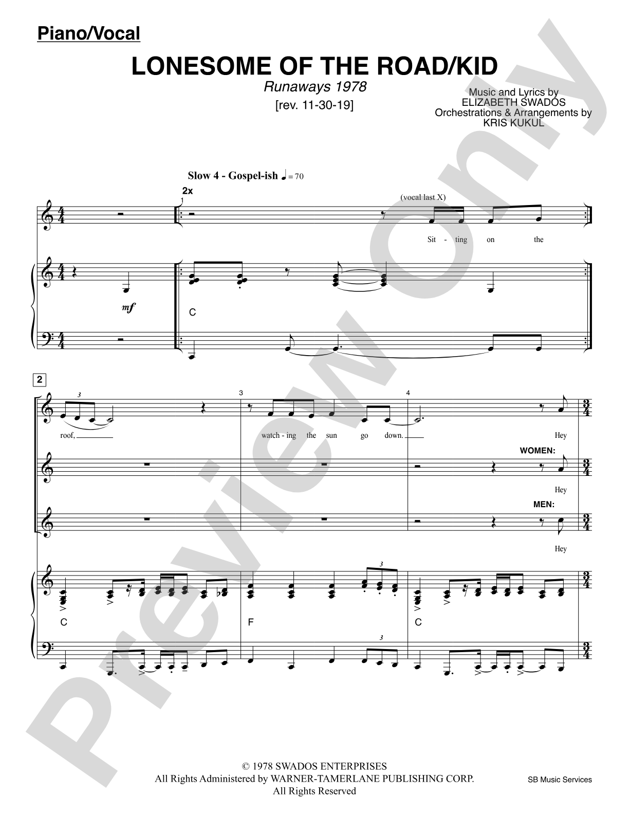 Lonesome Of The Road/Kid (<i>Runaways 1978</i>): Piano/Vocal