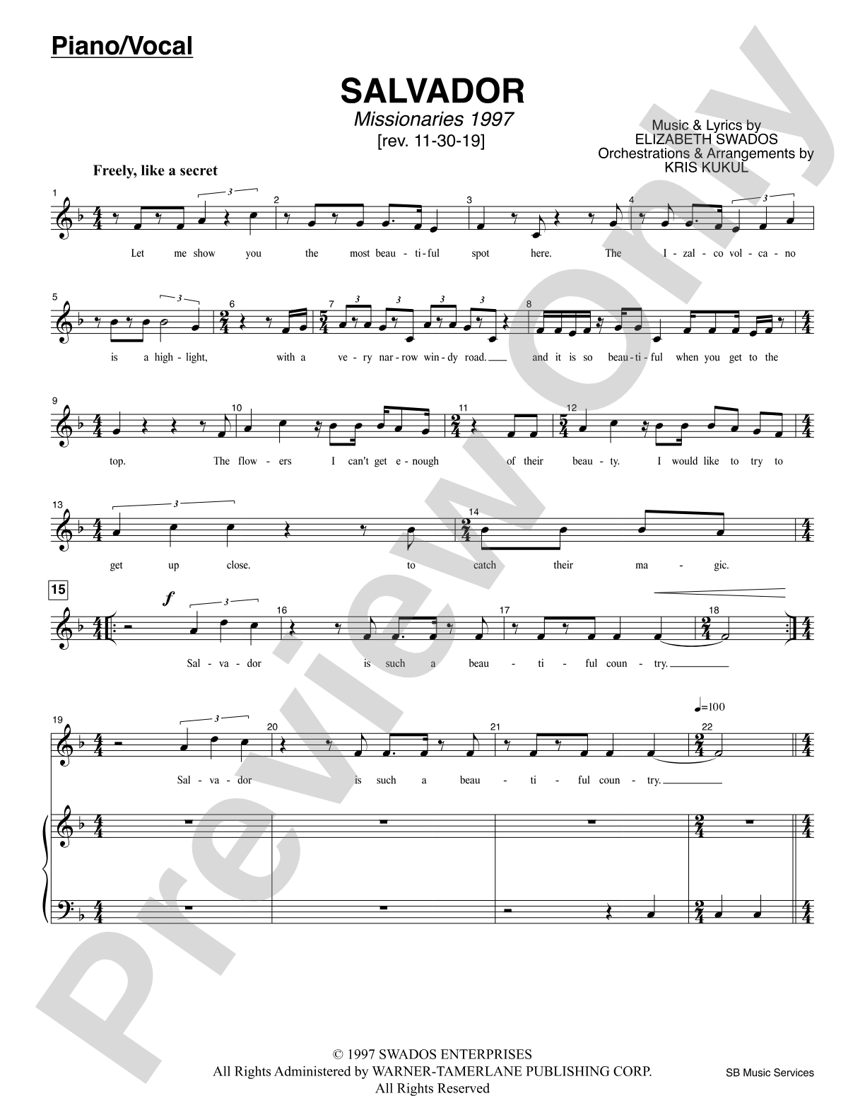 Salvador (<i>Missionaries 1997</i>): Piano/Vocal