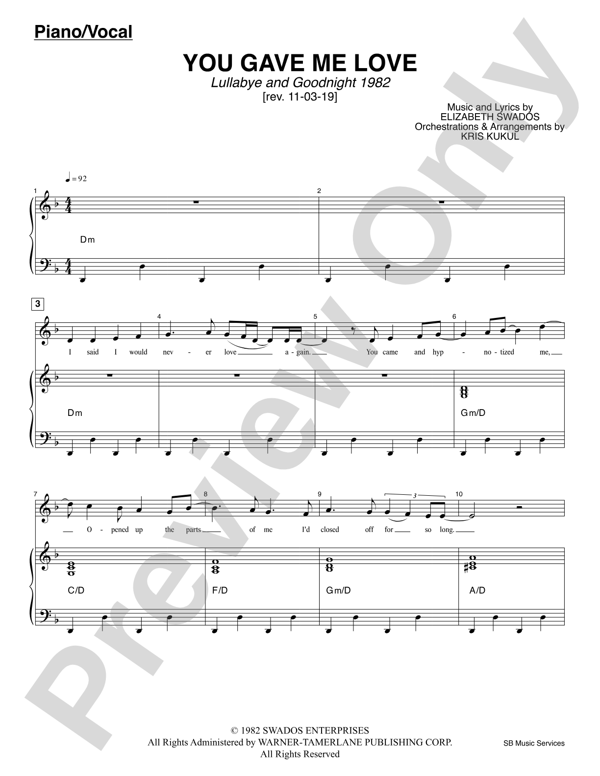 You Gave Me Love (<i>Lullabye and Goodnight 1982</i>): Piano/Vocal