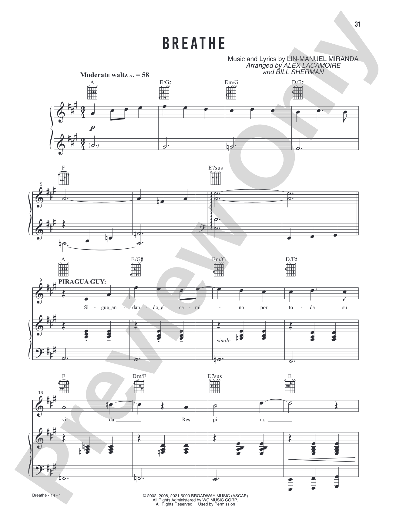 Breathe (Music from the Original Motion Picture Soundtrack, <i>In The Heights</i>): Piano/Vocal/Guitar