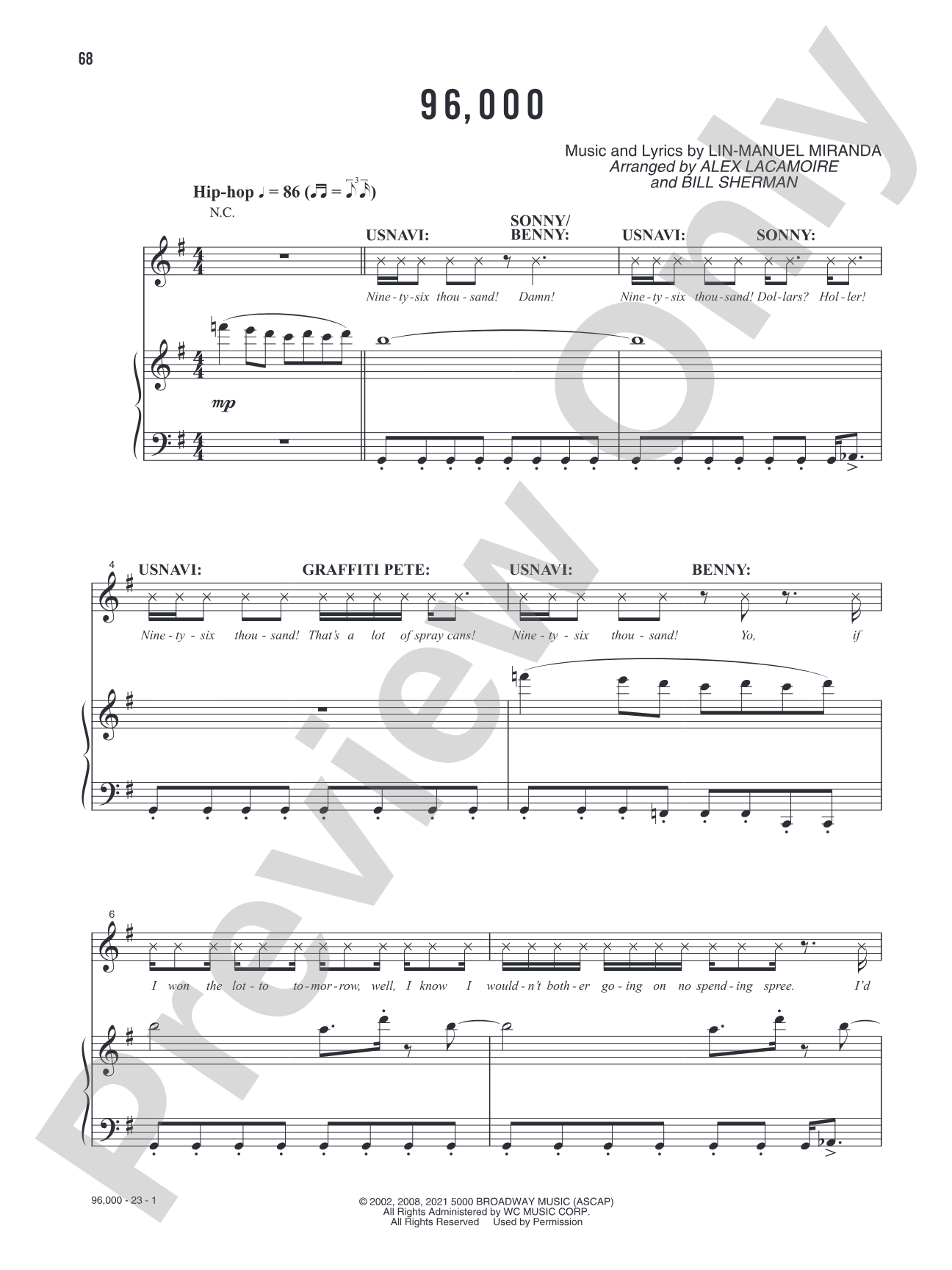 96,000 (Music from the Original Motion Picture Soundtrack, <i>In The Heights</i>): Piano/Vocal/Guitar