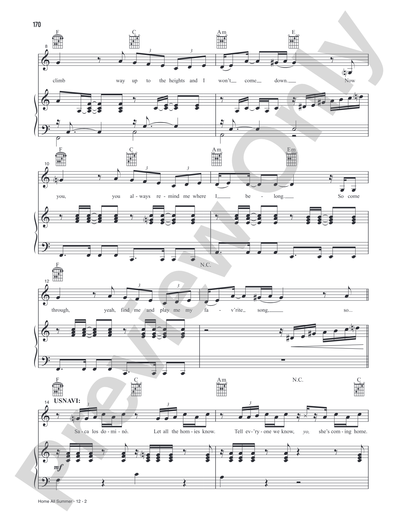 Home All Summer (Music from the Original Motion Picture Soundtrack, <i>In The Heights</i>): Piano/Vocal/Guitar