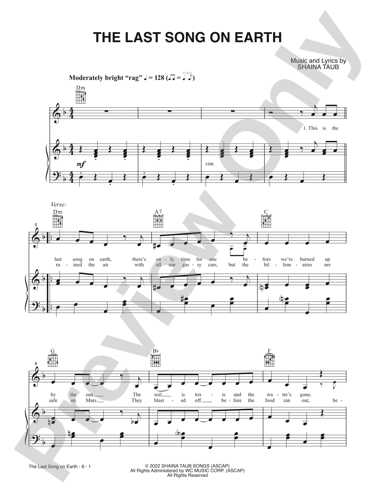 The Last Song on Earth: Piano/Vocal