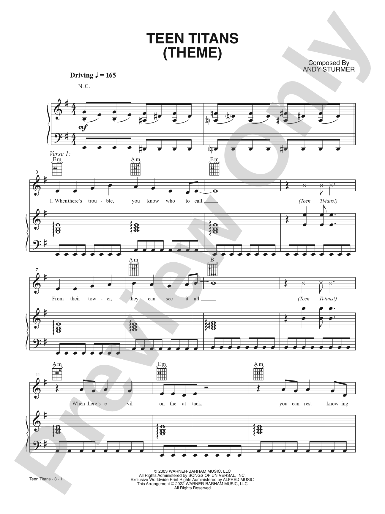 Teen Titans (Main Theme): Piano/Vocal/Guitar