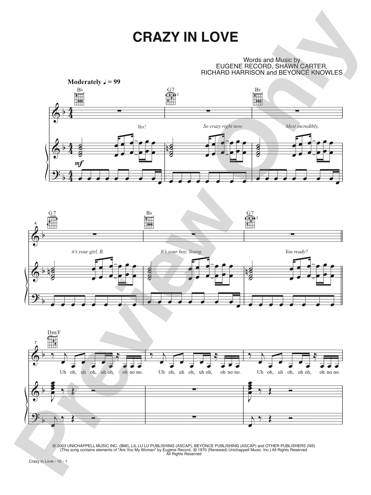 Crazy in Love: Piano/Vocal/Guitar