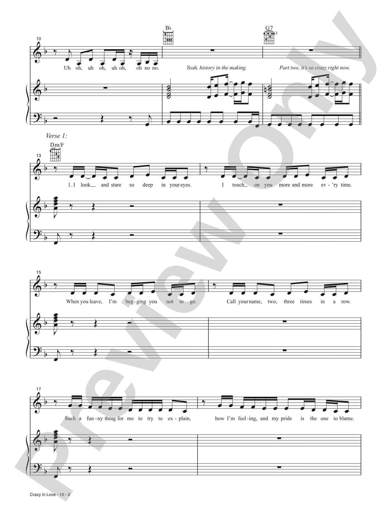 Crazy in Love: Piano/Vocal/Guitar