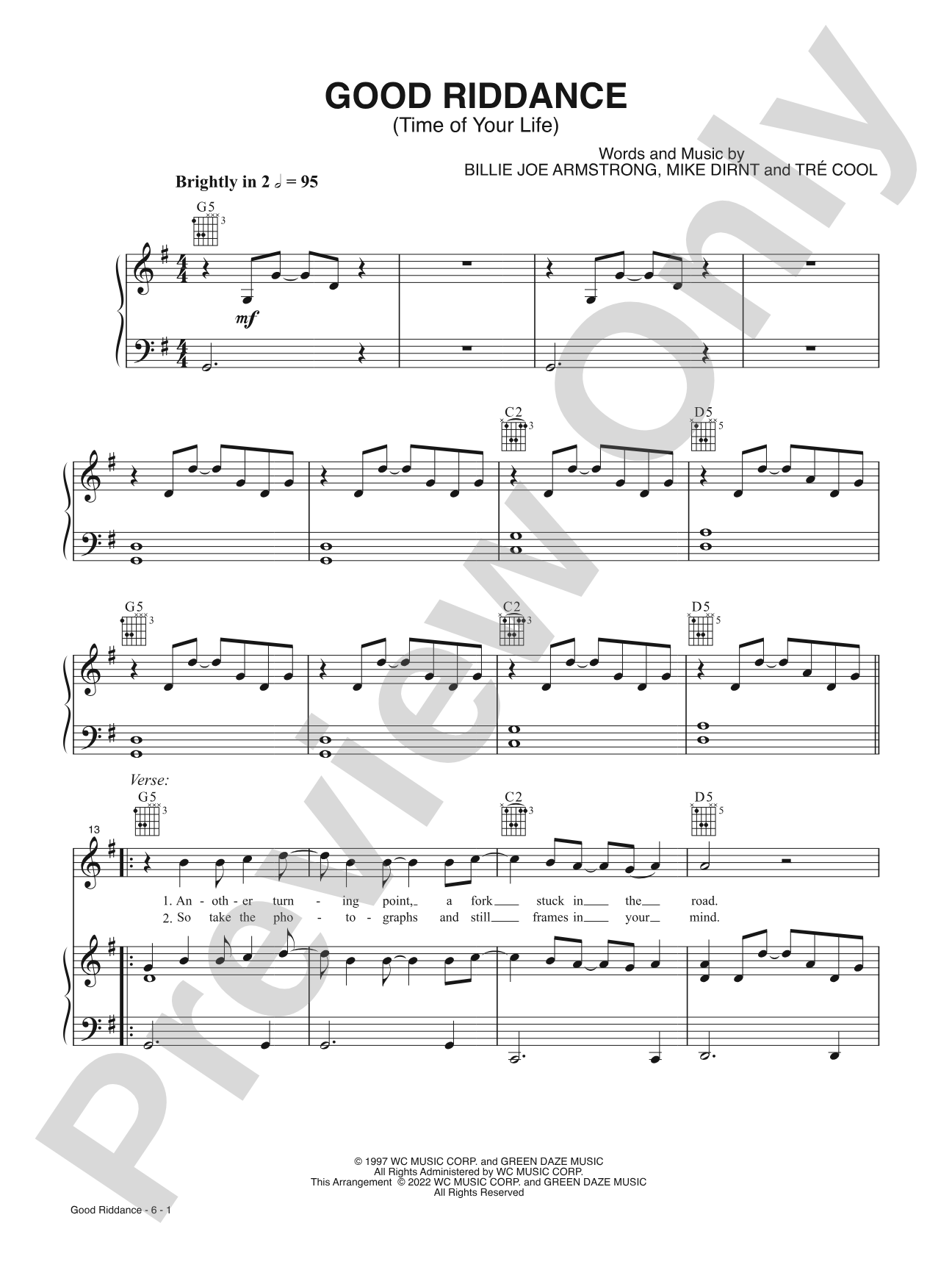 Good Riddance (Time of Your Life): Piano/Vocal/Guitar