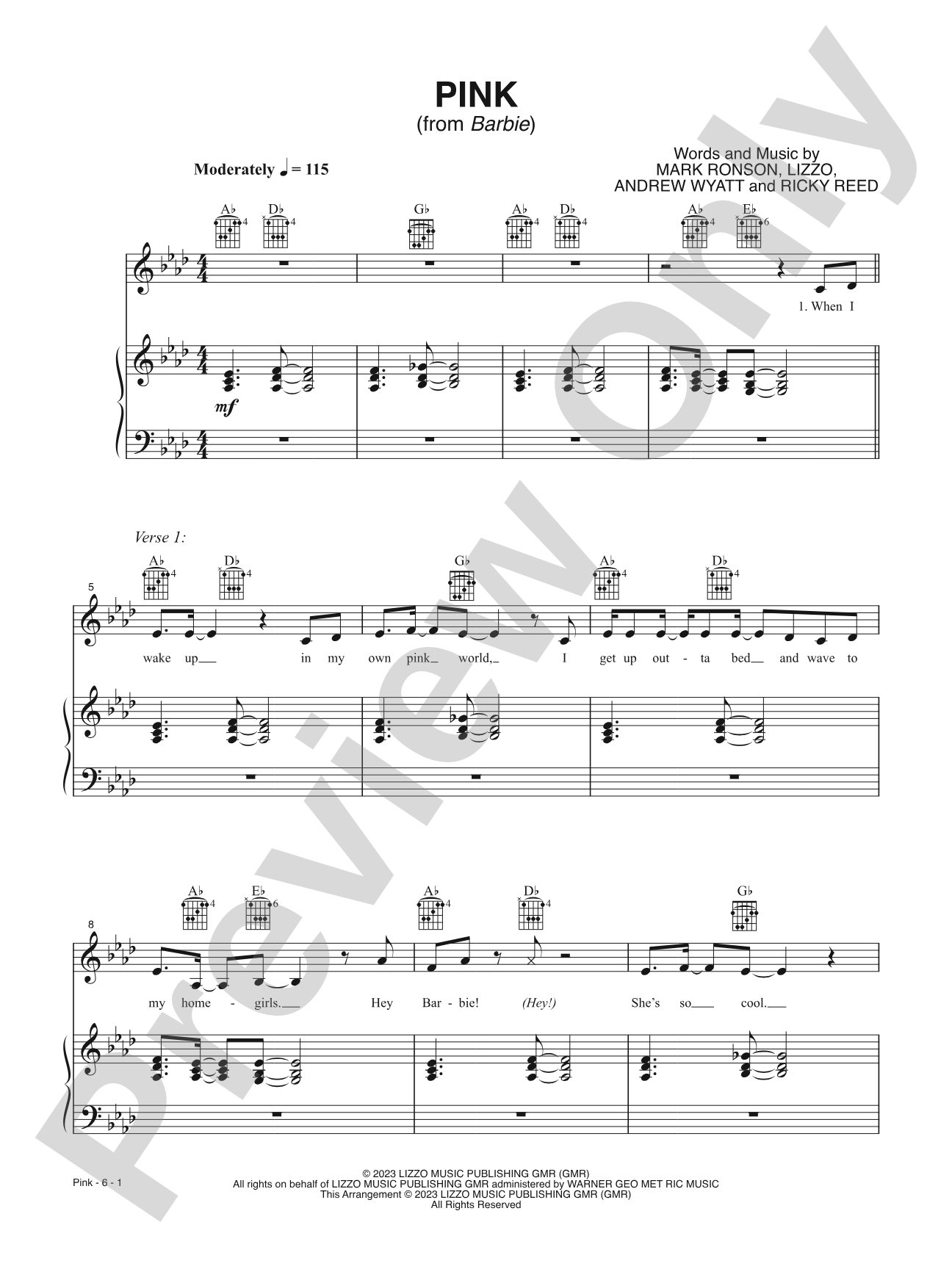 Pink (from <i>Barbie</i>): Piano/Vocal/Guitar