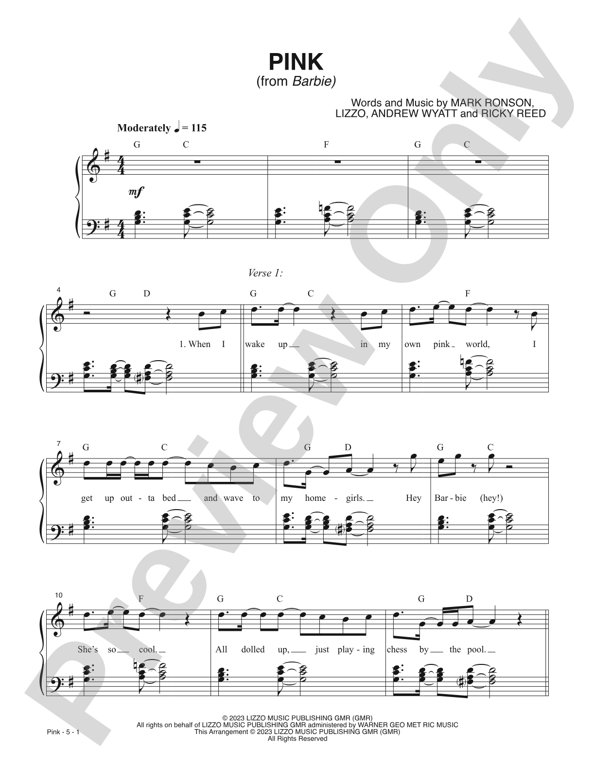 Pink (from <i>Barbie</i>): Piano/Vocal