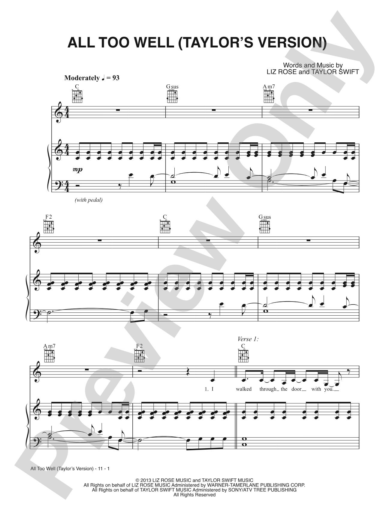 All Too Well (Taylor's Version): Piano/Vocal/Guitar