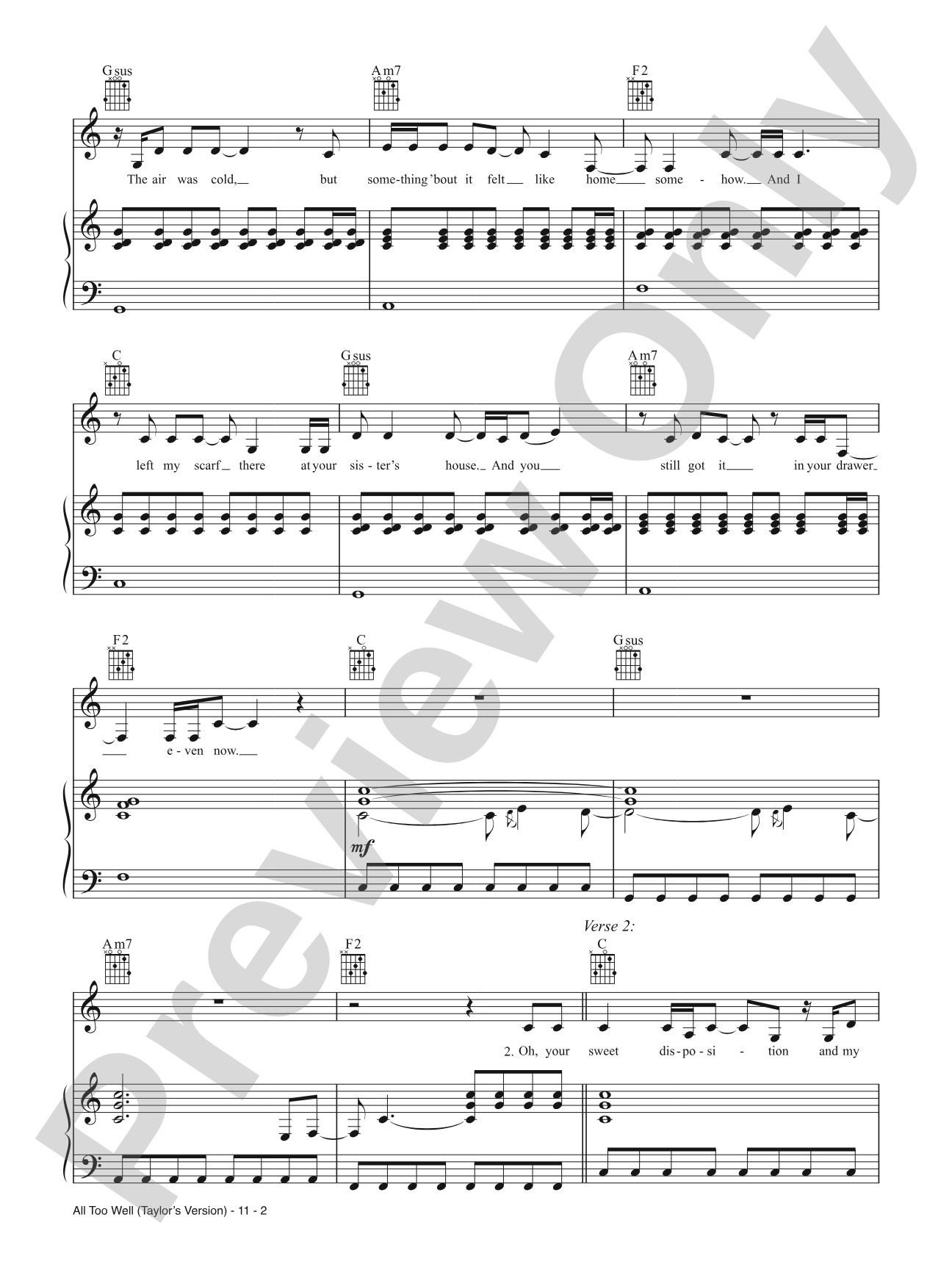 All Too Well (Taylor's Version): Piano/Vocal/Guitar