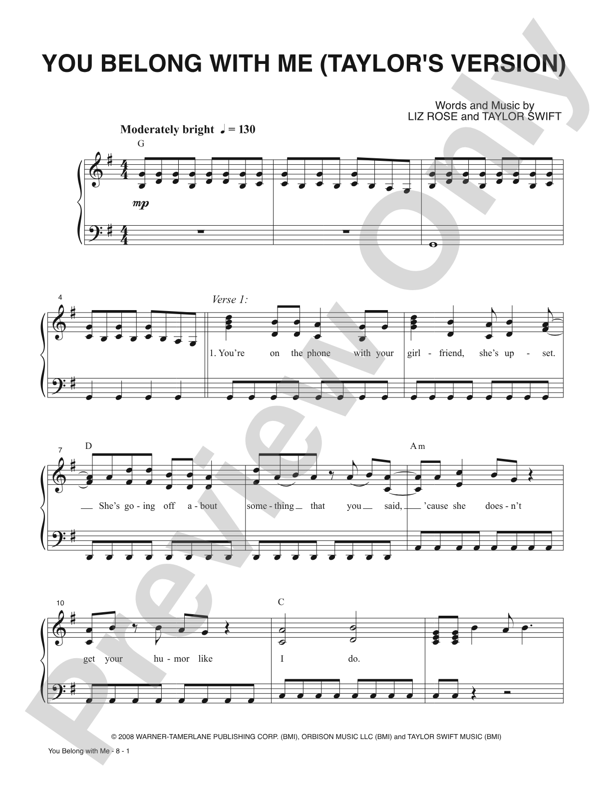 You Belong With Me (Taylor's Version): Piano/Vocal