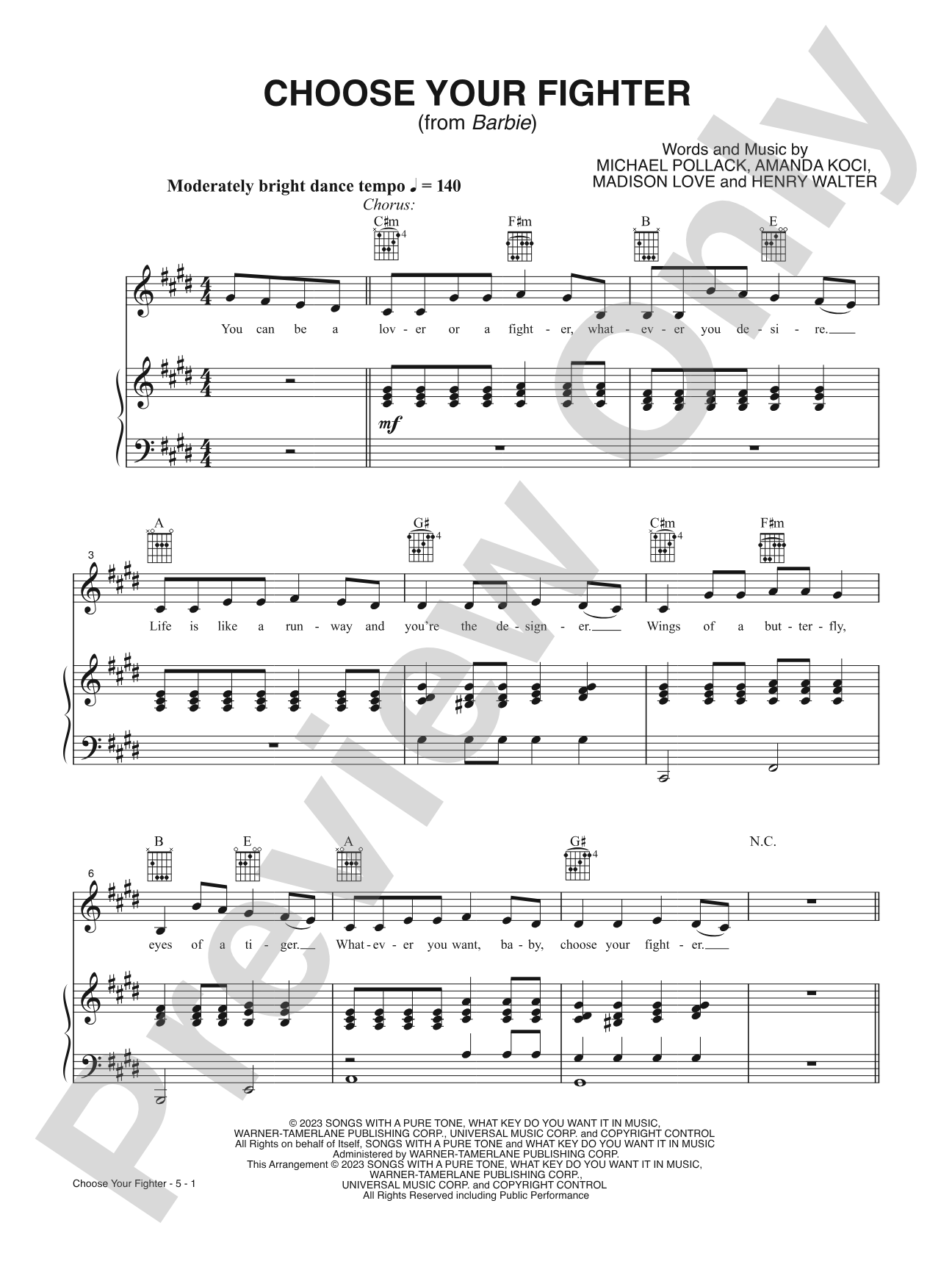 Choose Your Fighter (from <i>Barbie</i>): Piano/Vocal/Guitar