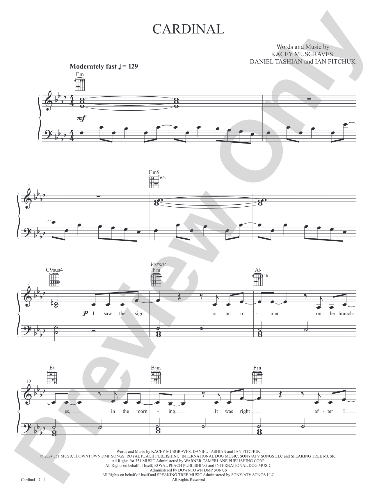 Cardinal (From the studio album 'Deeper Well'): Piano Digital Sheet Music